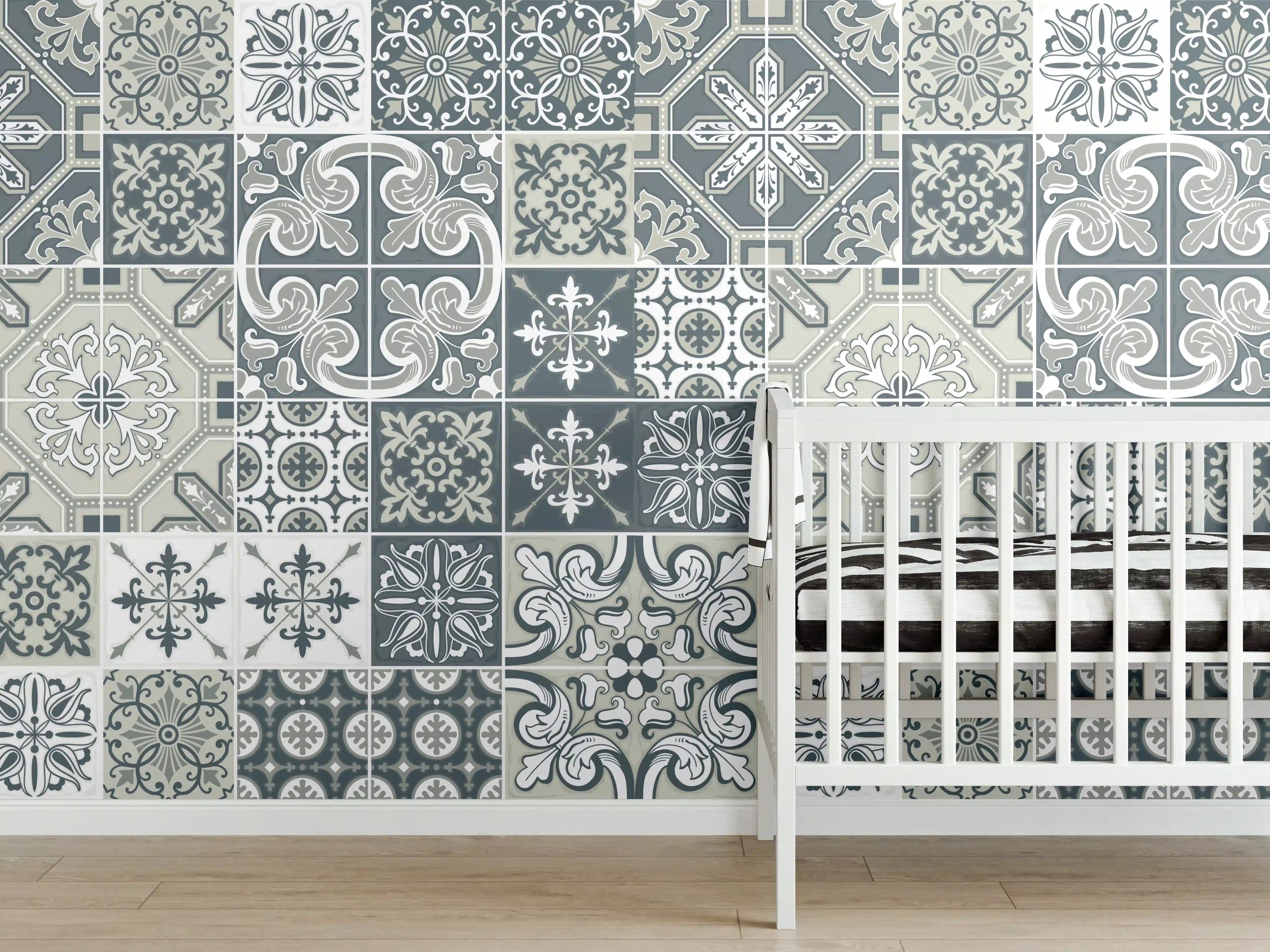 Babyzimmer Wandgestaltung - Vintage Fliesenmuster Blau-Weiß