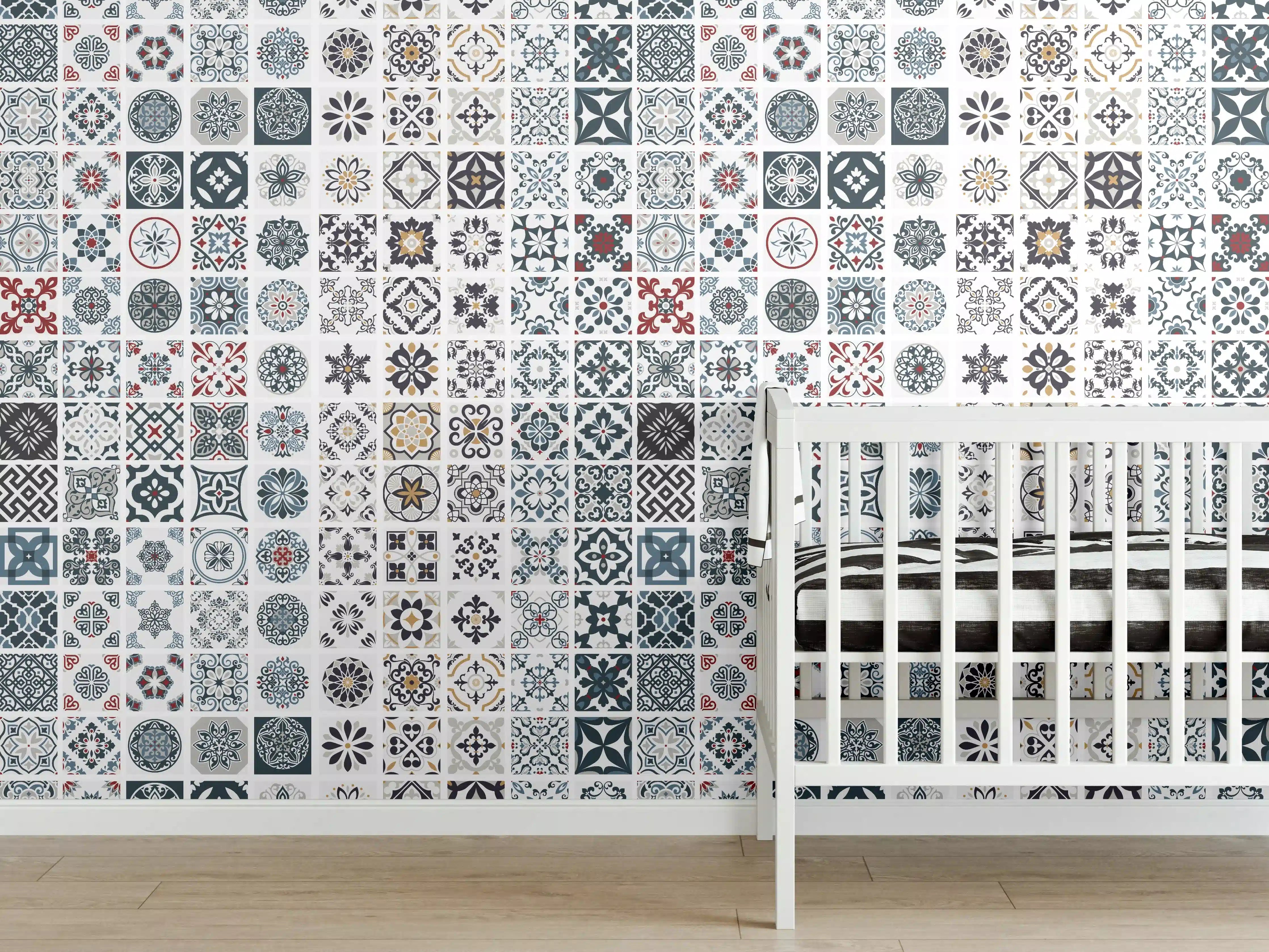 Babyzimmer Wandgestaltung - Vintage Fliesenmuster Grau-Weiß