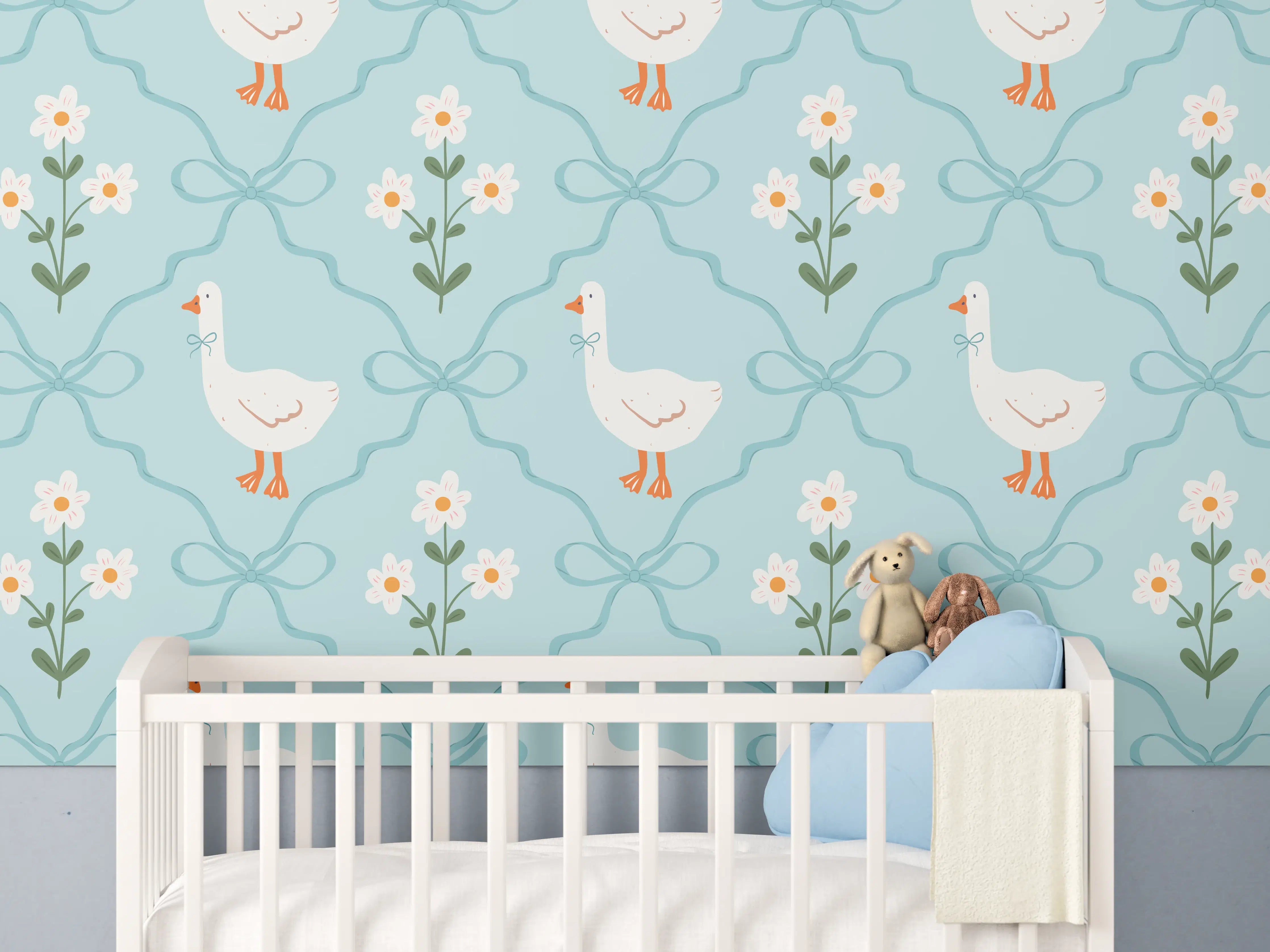 Babyzimmer Wandgestaltung - Vintage Gänse Tapete Türkis