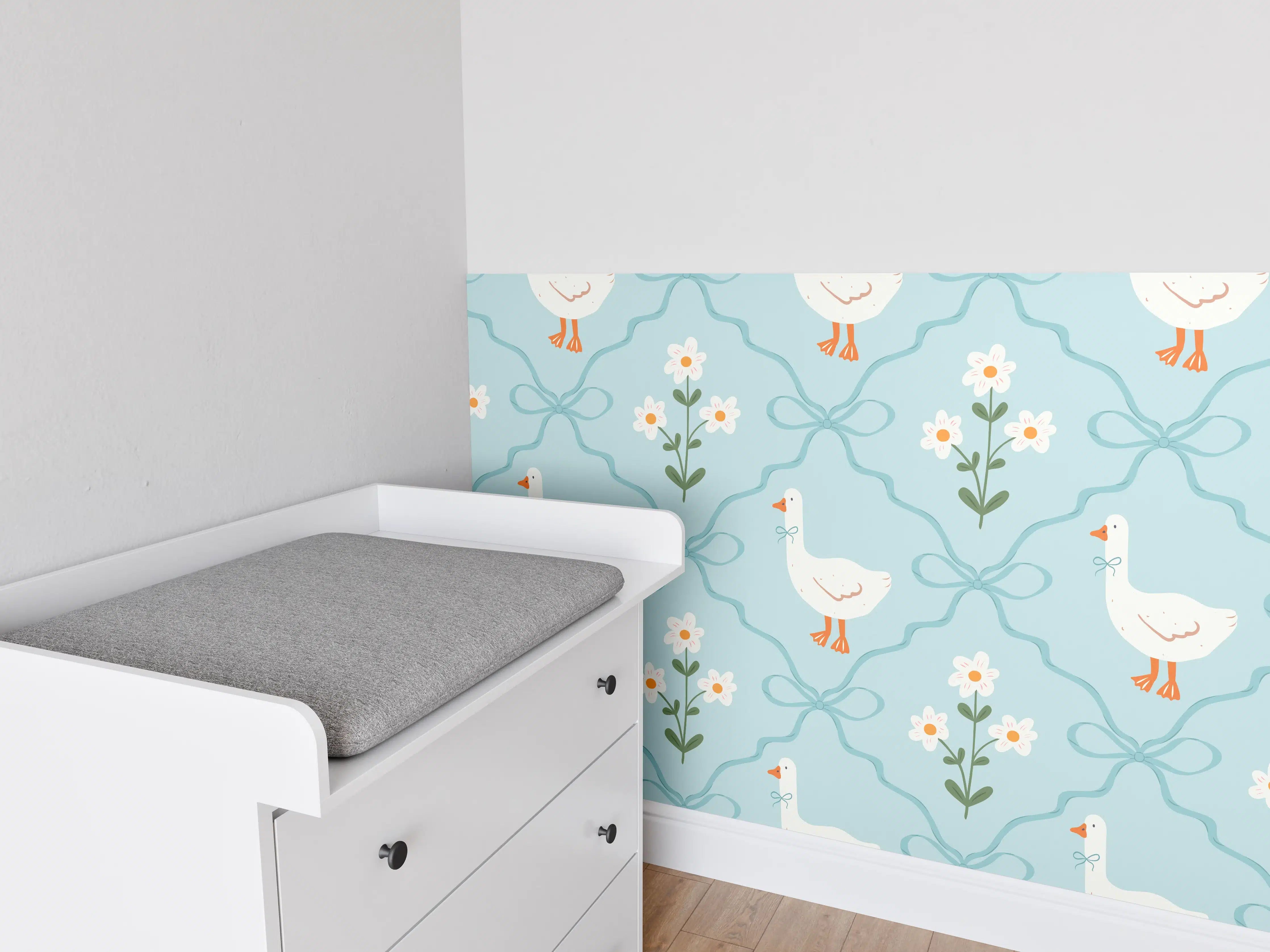 Babyzimmer Wandgestaltung - Vintage Gänse Tapete Türkis