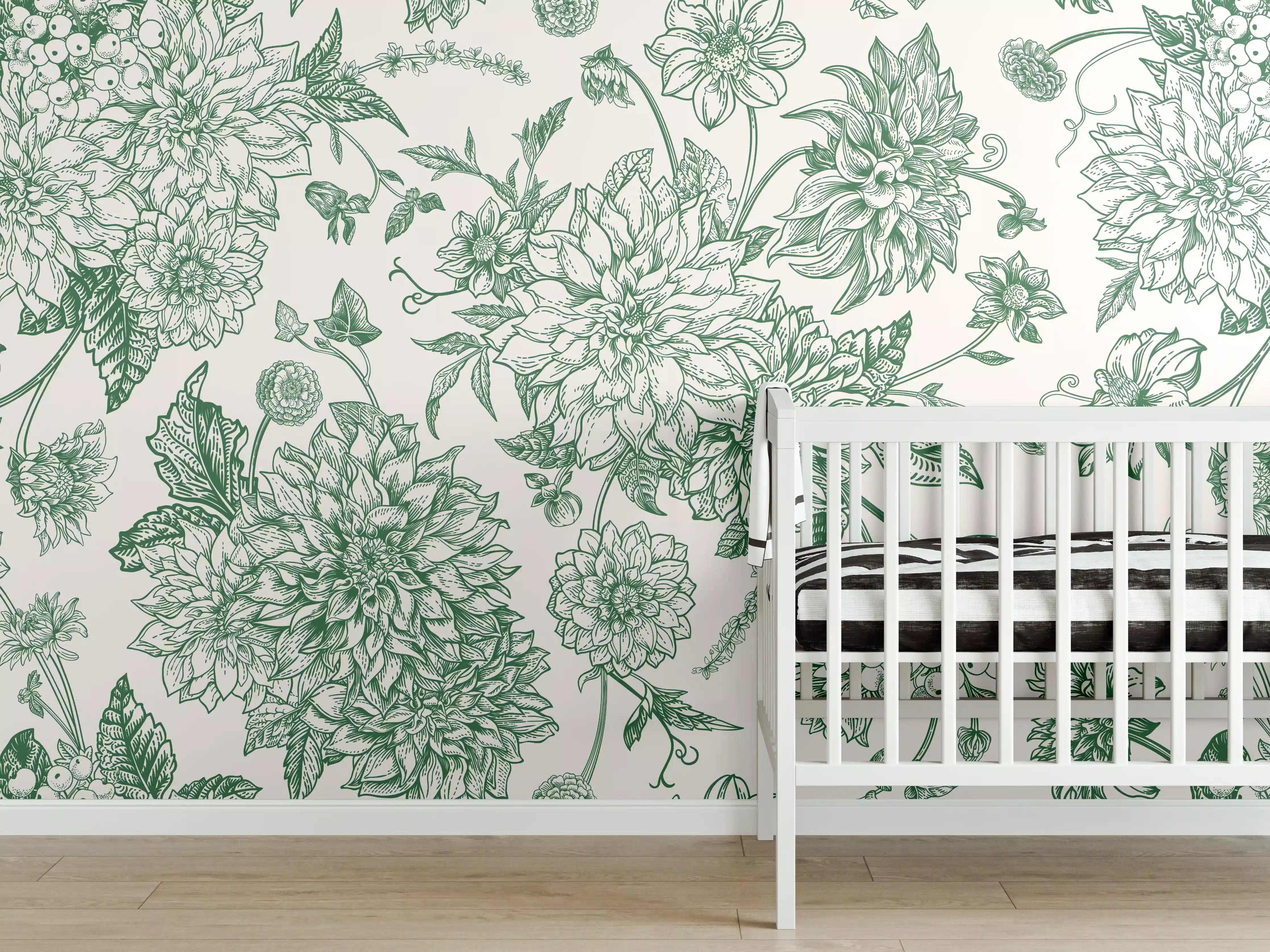 Babyzimmer Wandgestaltung - Vintage Grün Blumen Lineart