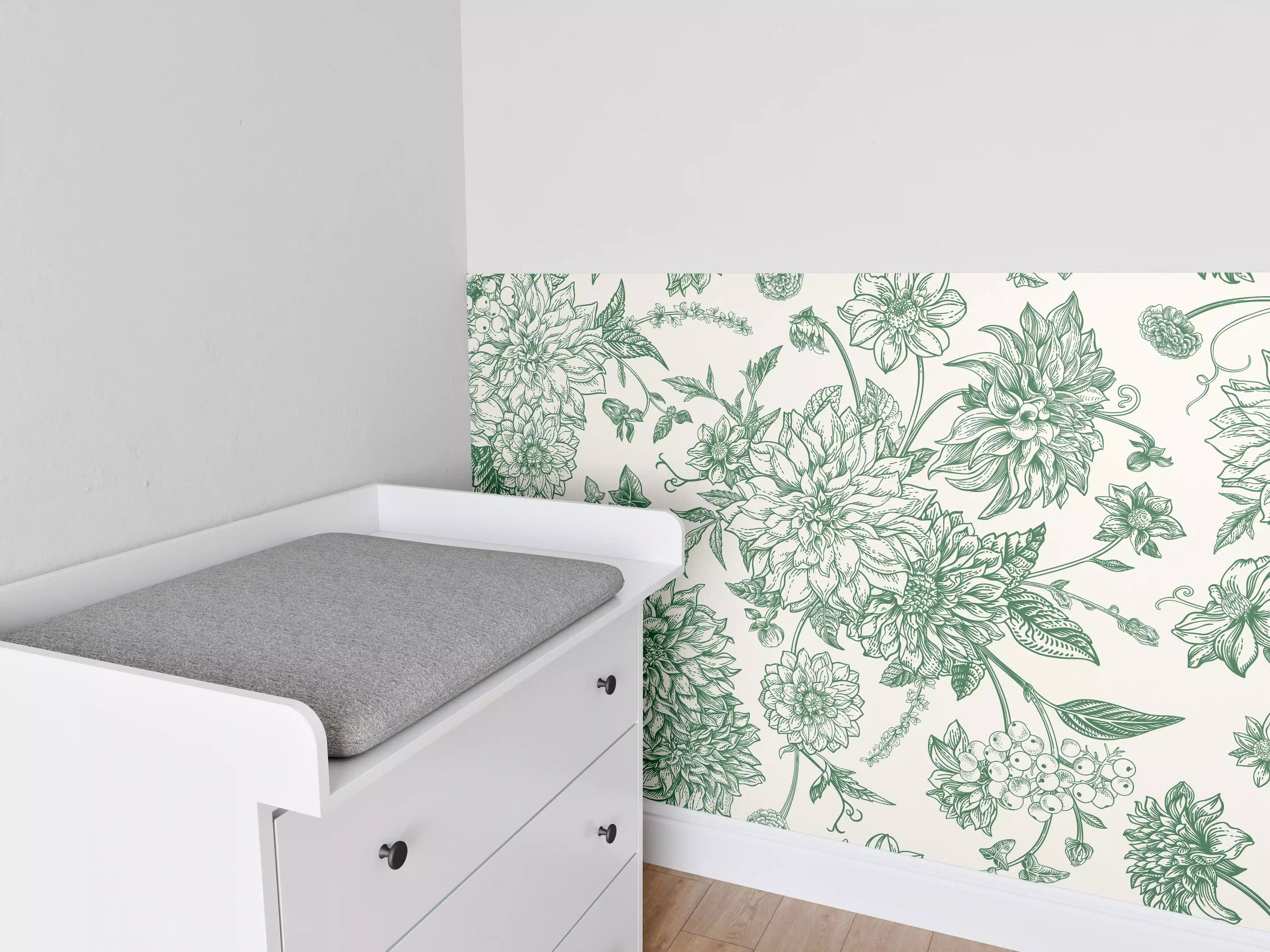 Babyzimmer Wandgestaltung - Vintage Grün Blumen Lineart