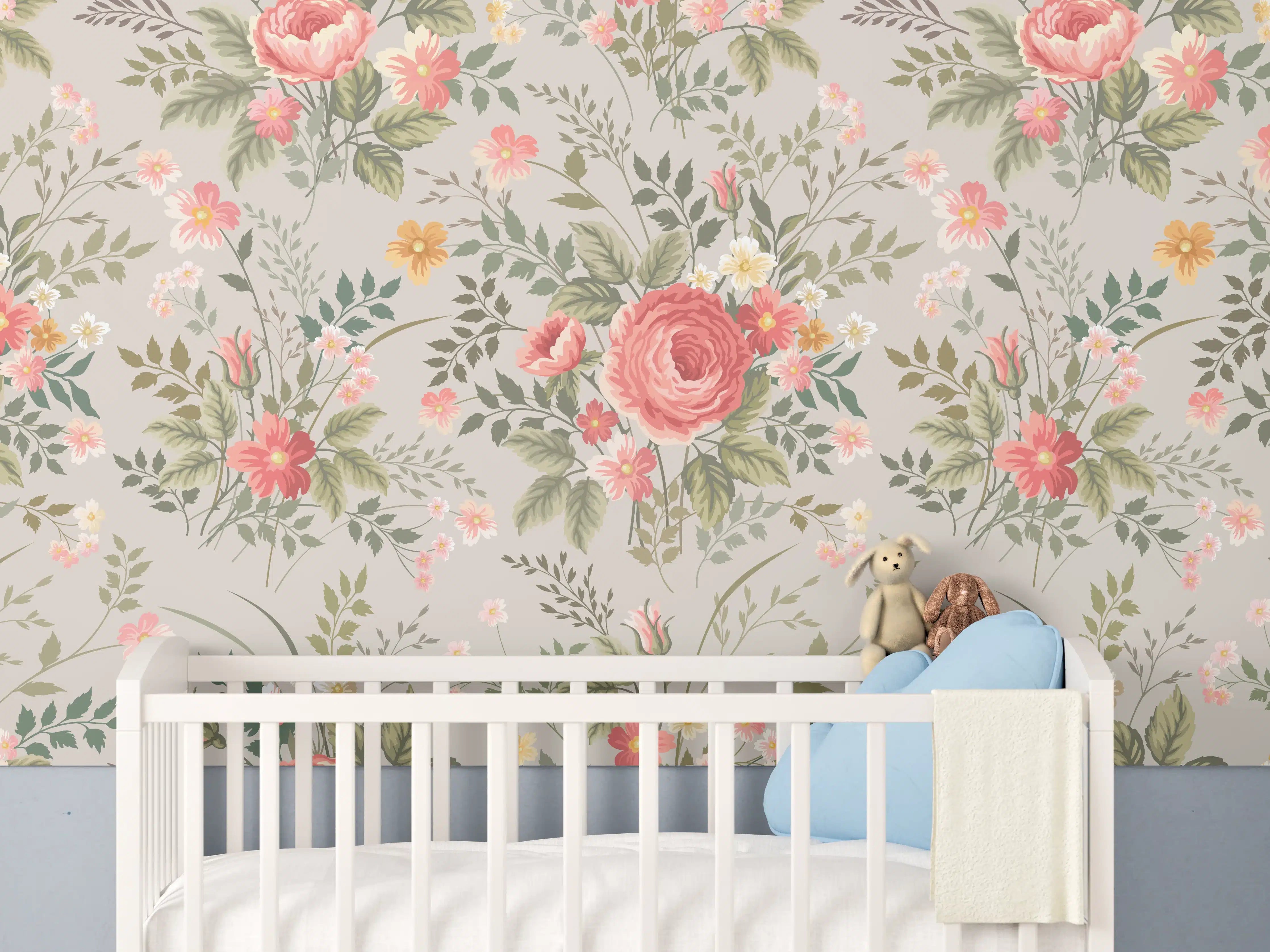 Babyzimmer Wandgestaltung - Vintage Pfirsich-Blumenmuster