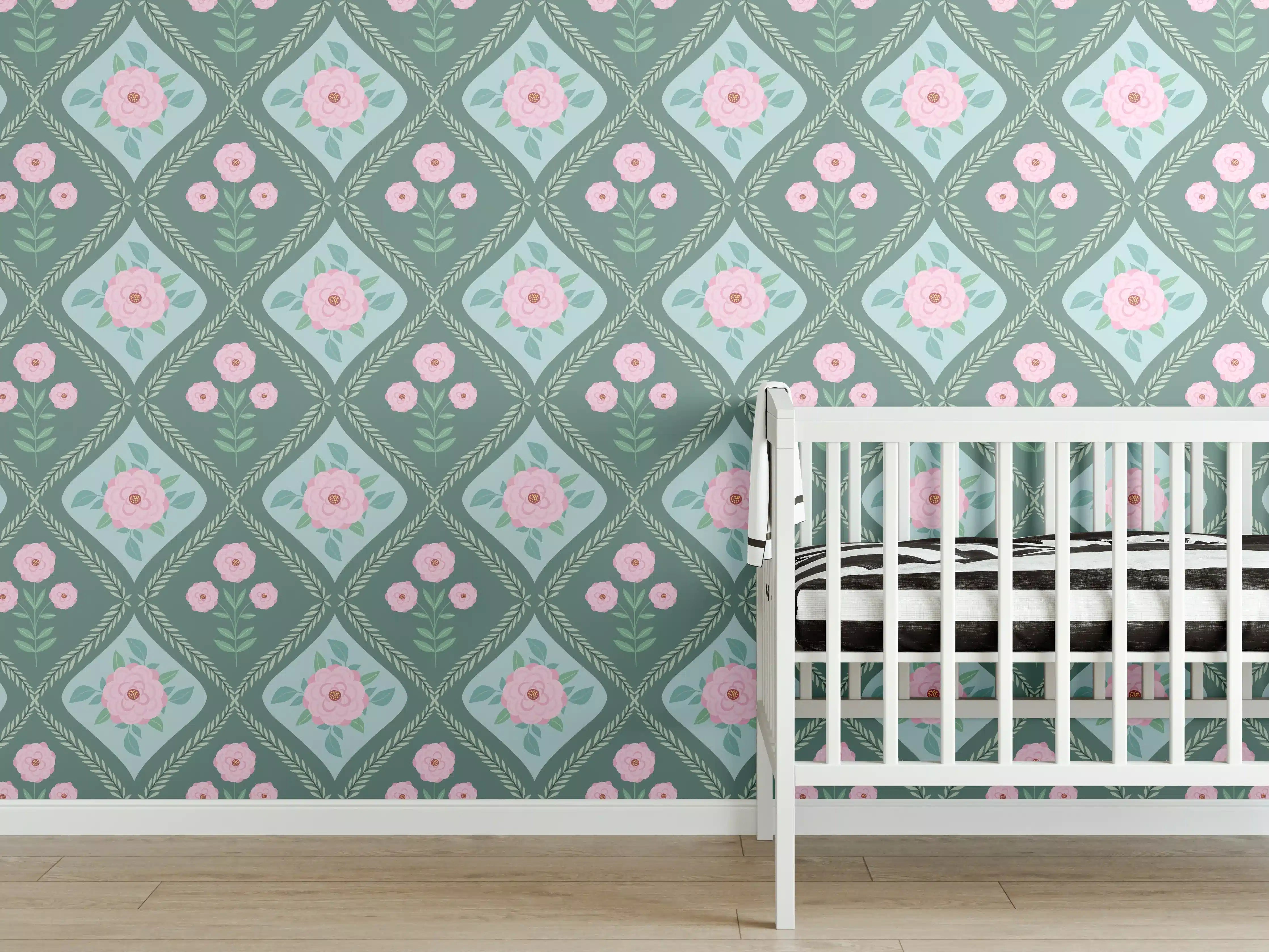 Babyzimmer Wandgestaltung - Vintage Rosen Tapete Grün-Rosa