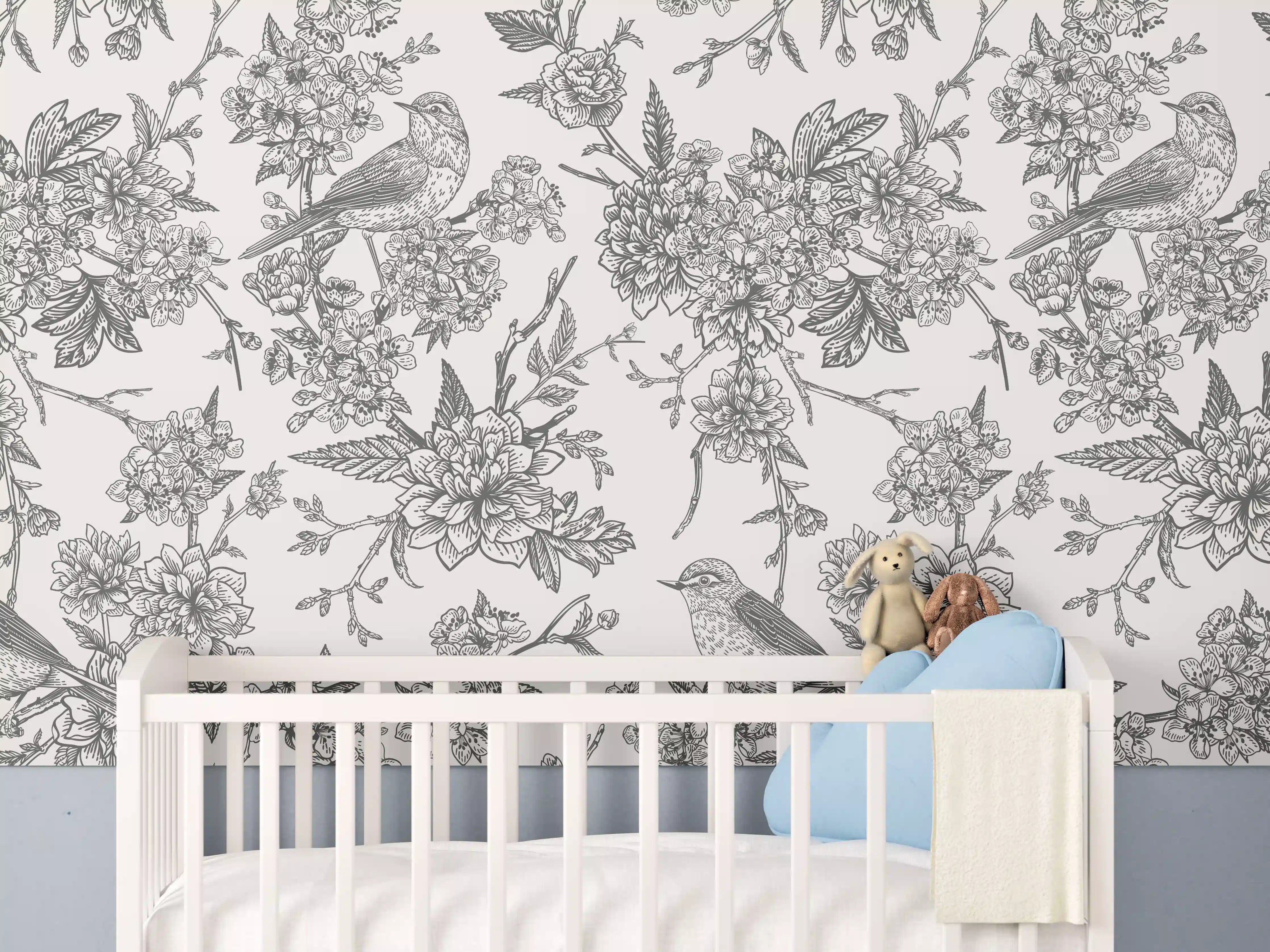 Babyzimmer Wandgestaltung - Vintage Schwarzweiß Blumenmuster