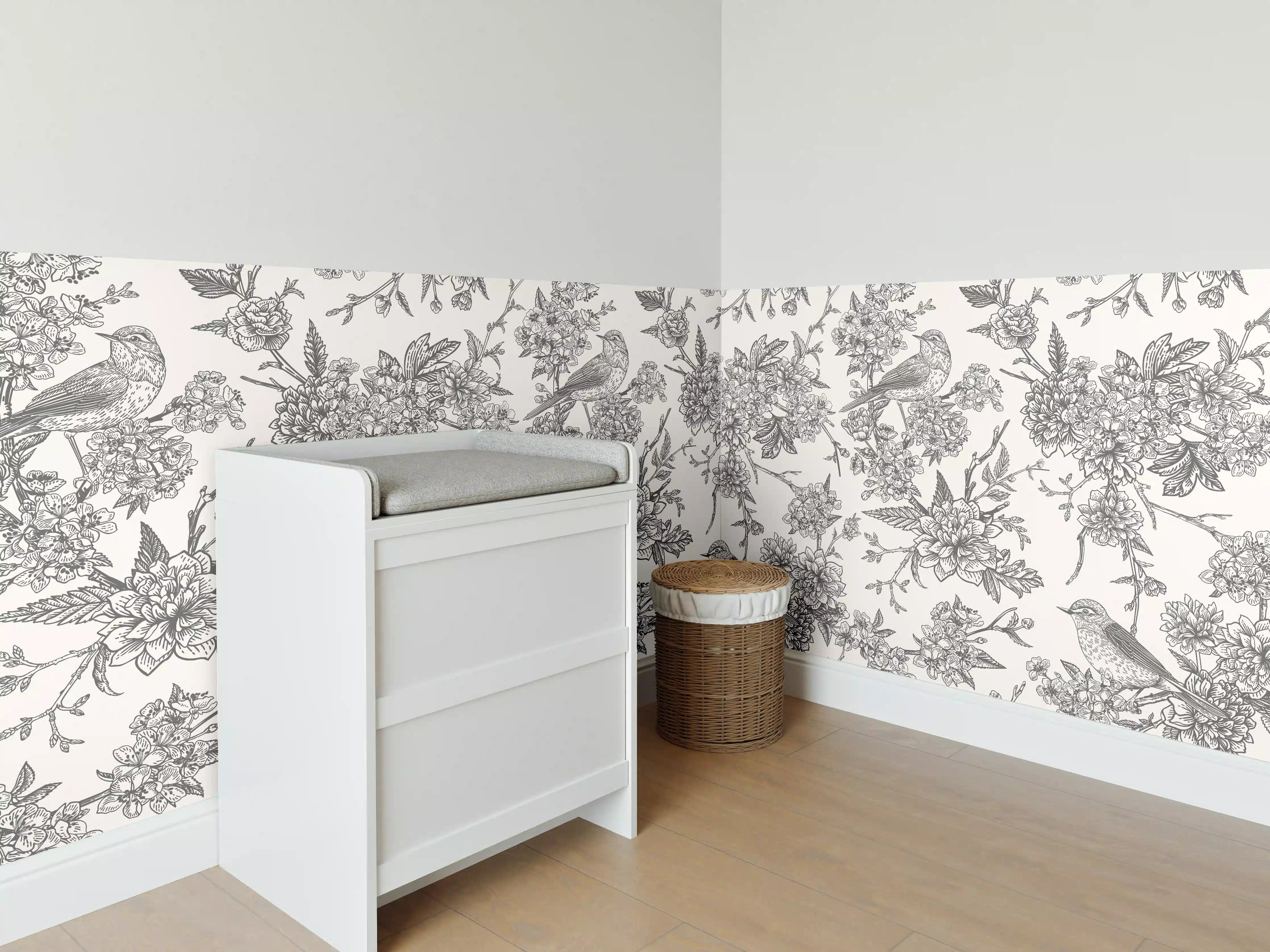 Babyzimmer Wandgestaltung - Vintage Schwarzweiß Blumenmuster