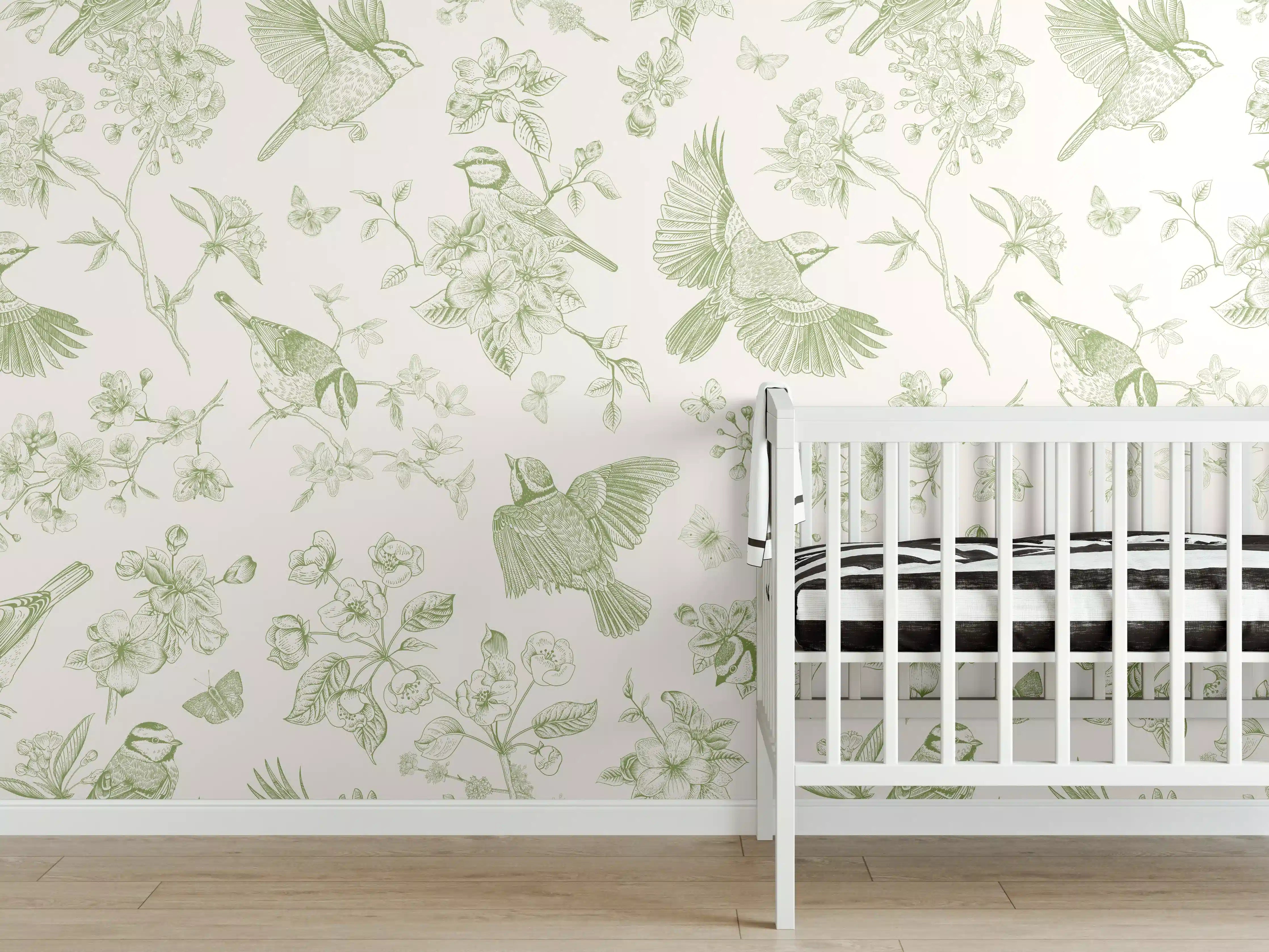 Babyzimmer Wandgestaltung - Vintage Vogelgarten Grün-Beige