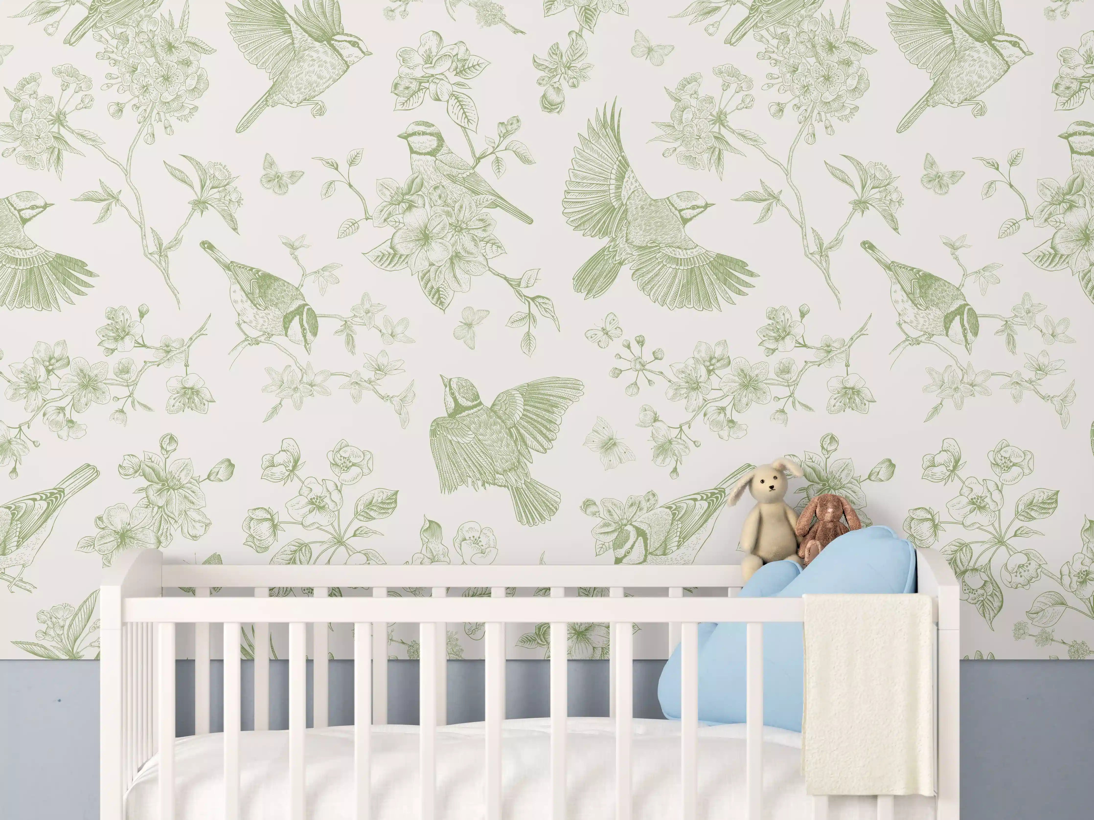 Babyzimmer Wandgestaltung - Vintage Vogelgarten Grün-Beige