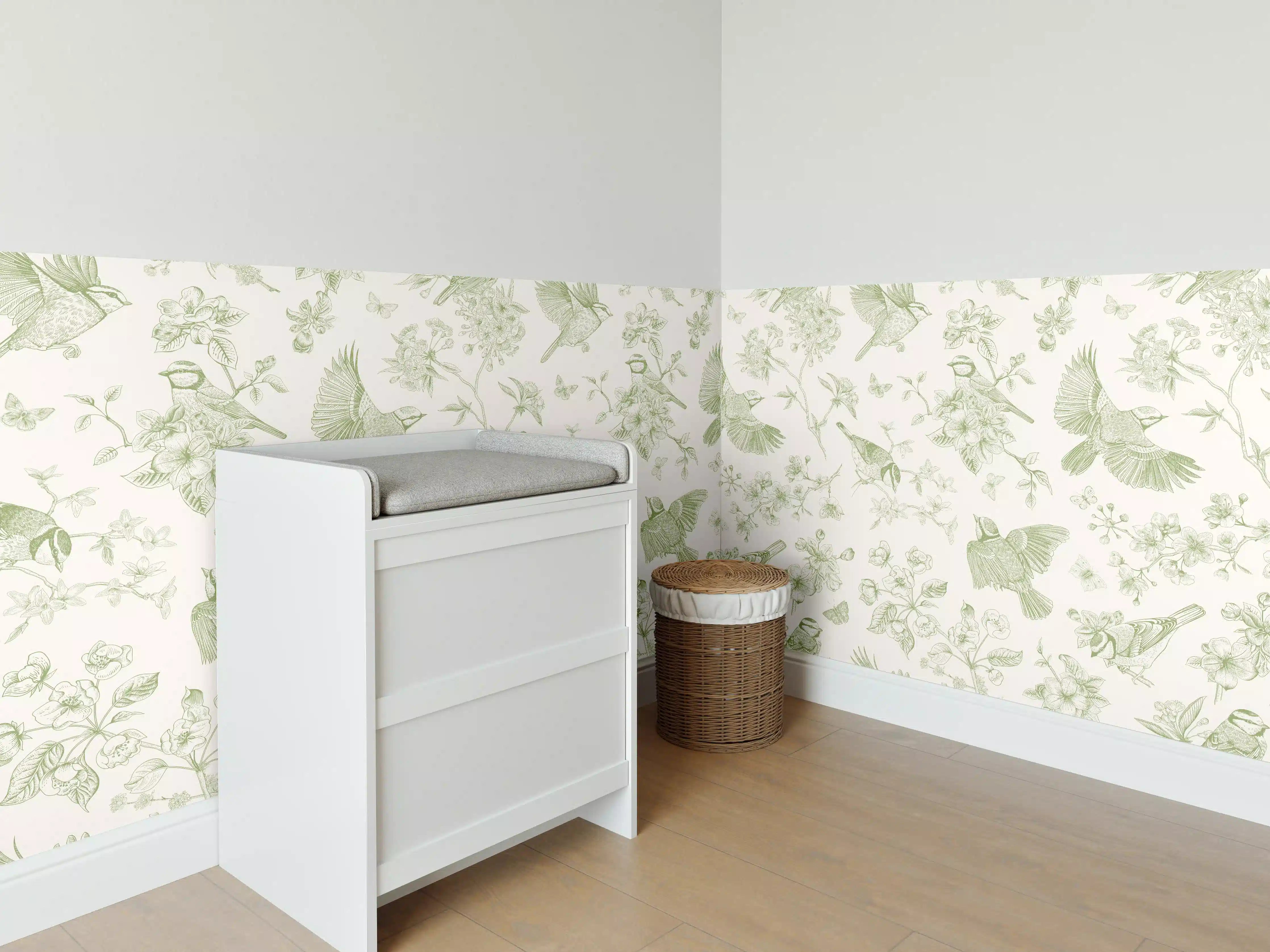 Babyzimmer Wandgestaltung - Vintage Vogelgarten Grün-Beige