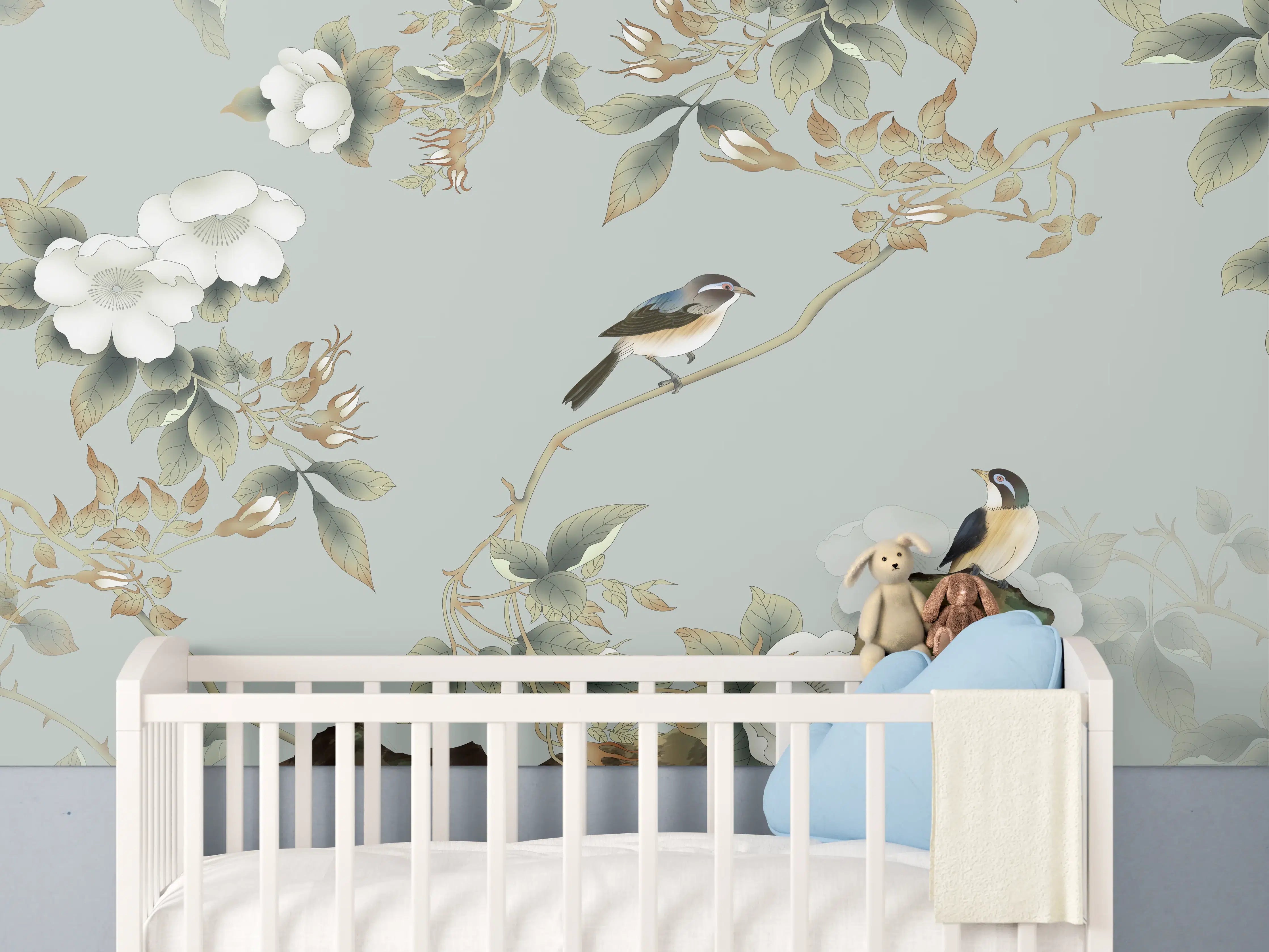Babyzimmer Wandgestaltung - Vögel Natur Illustration auf grauem Hintergrund