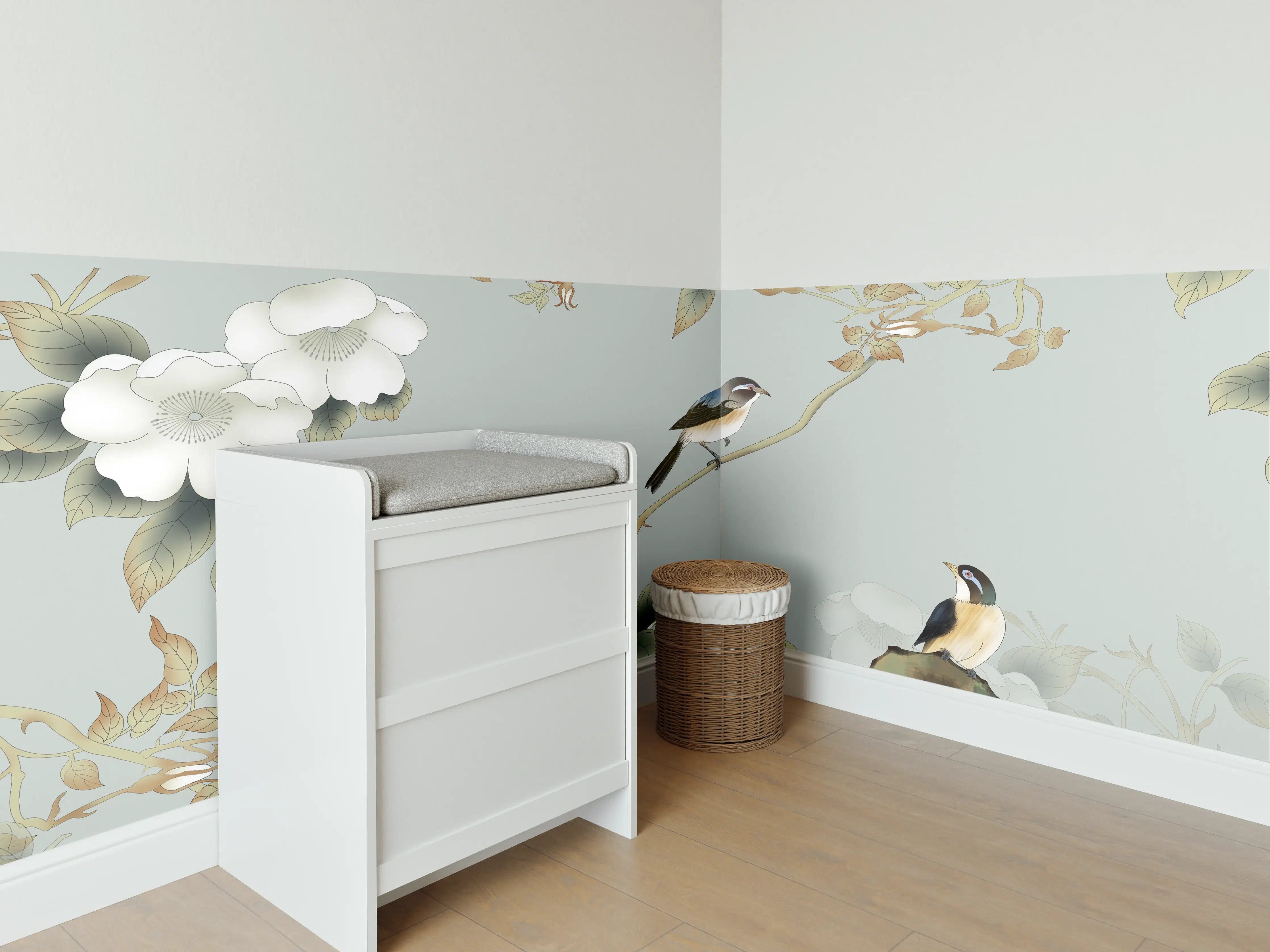 Babyzimmer Wandgestaltung - Vögel Natur Illustration auf grauem Hintergrund