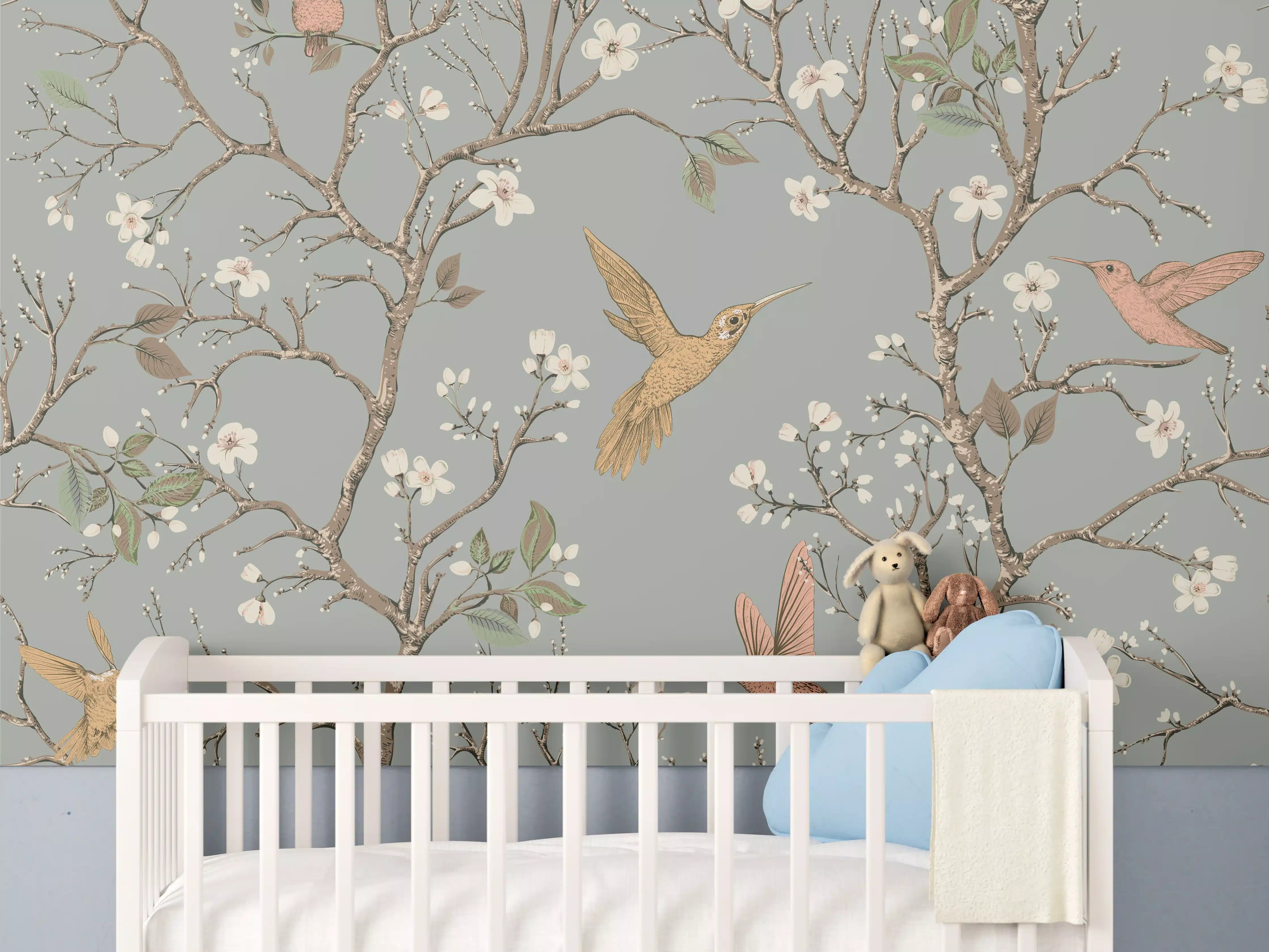 Babyzimmer Wandgestaltung - Vögel & Blütenzweige Muster