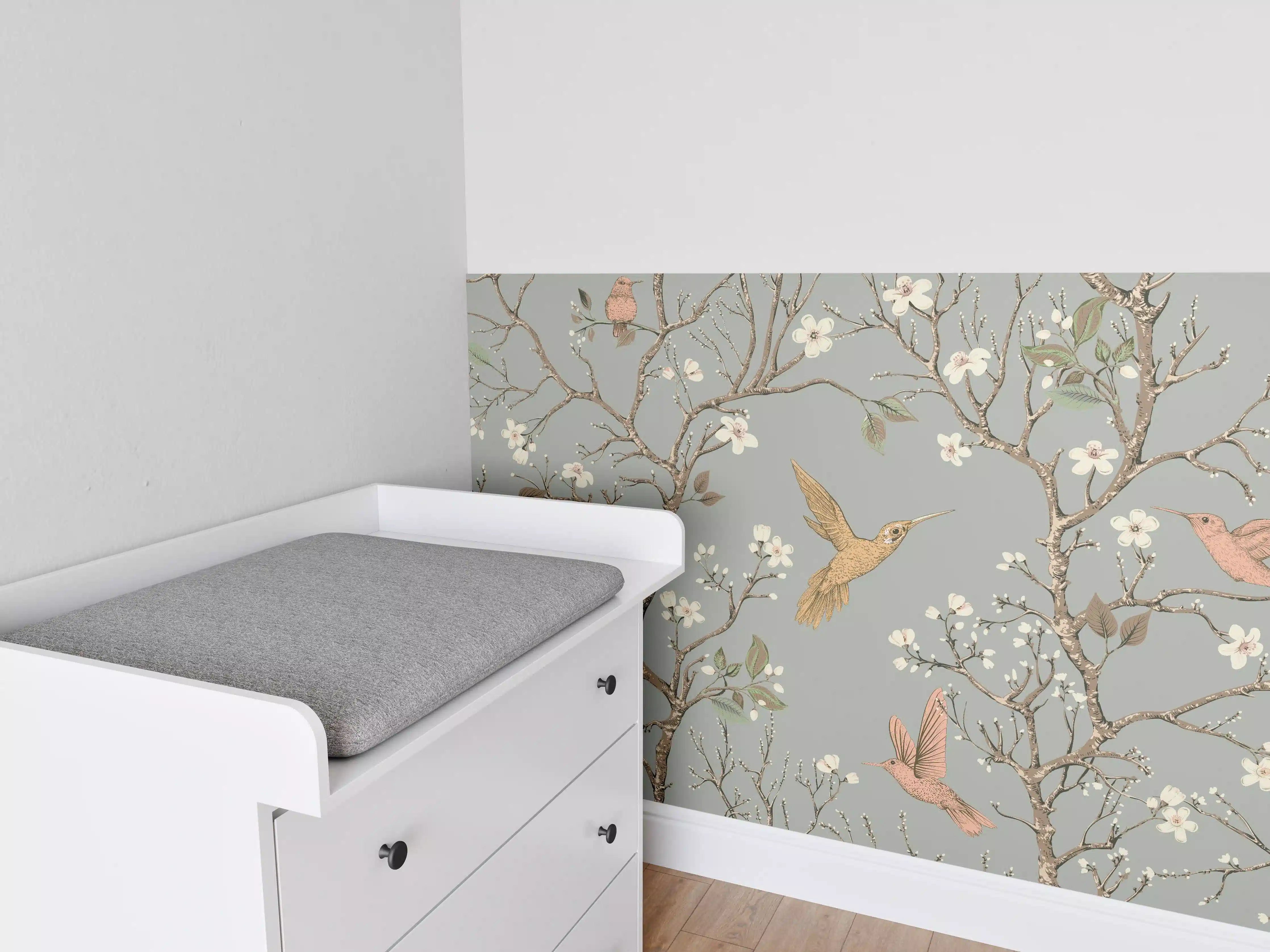 Babyzimmer Wandgestaltung - Vögel & Blütenzweige Muster