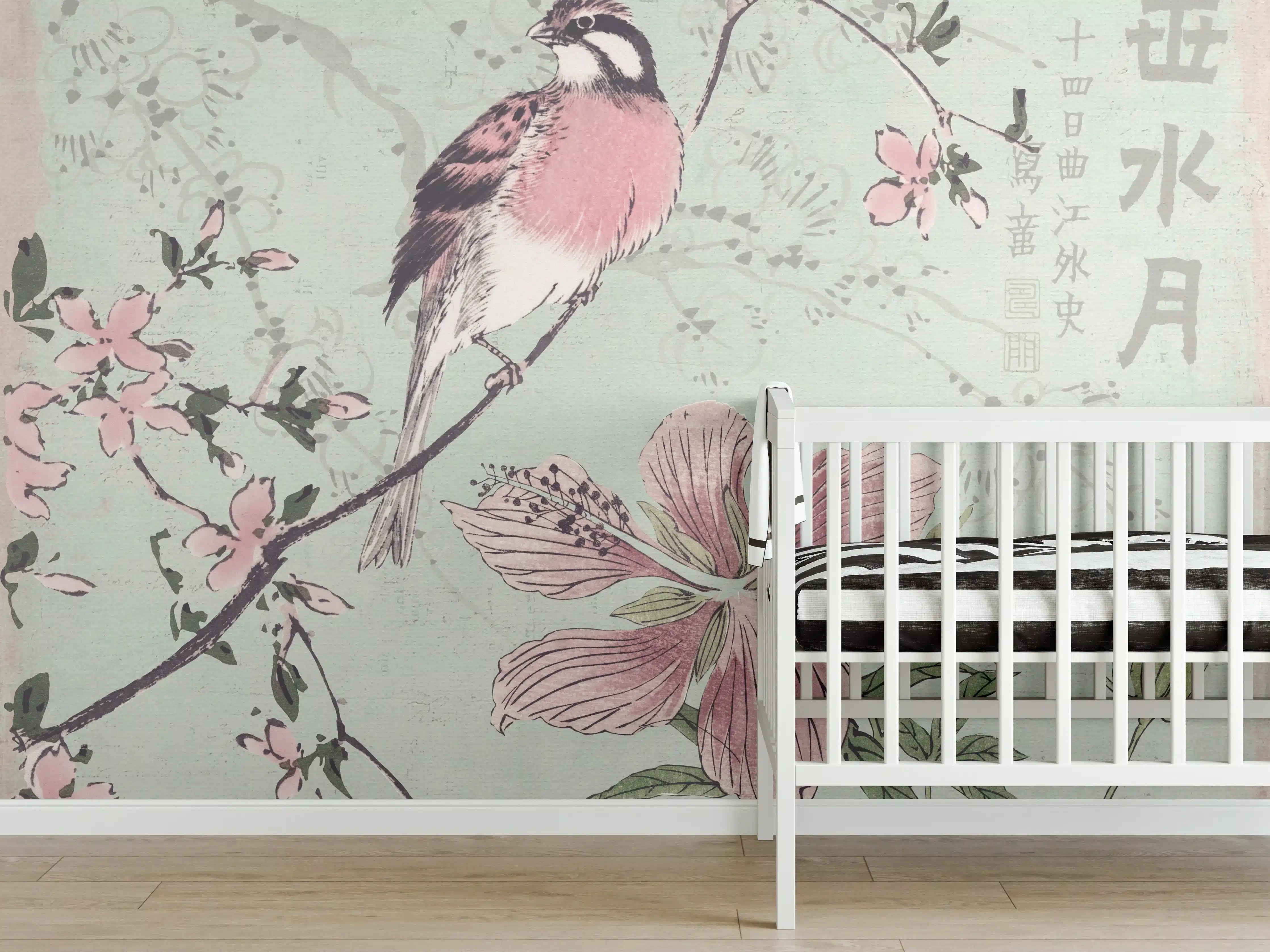 Babyzimmer Wandgestaltung - Vogel Zeichnung - Floral