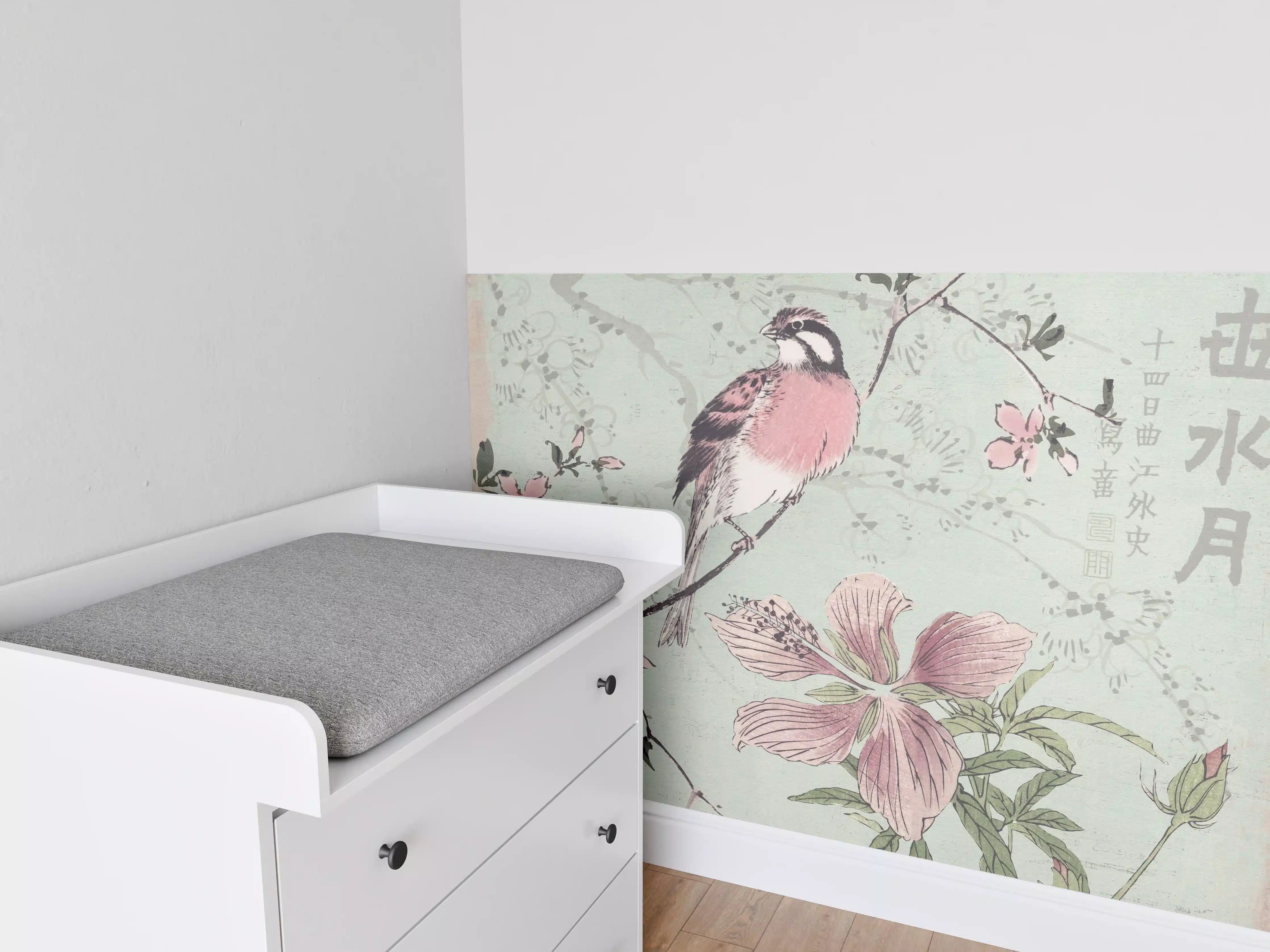 Babyzimmer Wandgestaltung - Vogel Zeichnung - Floral