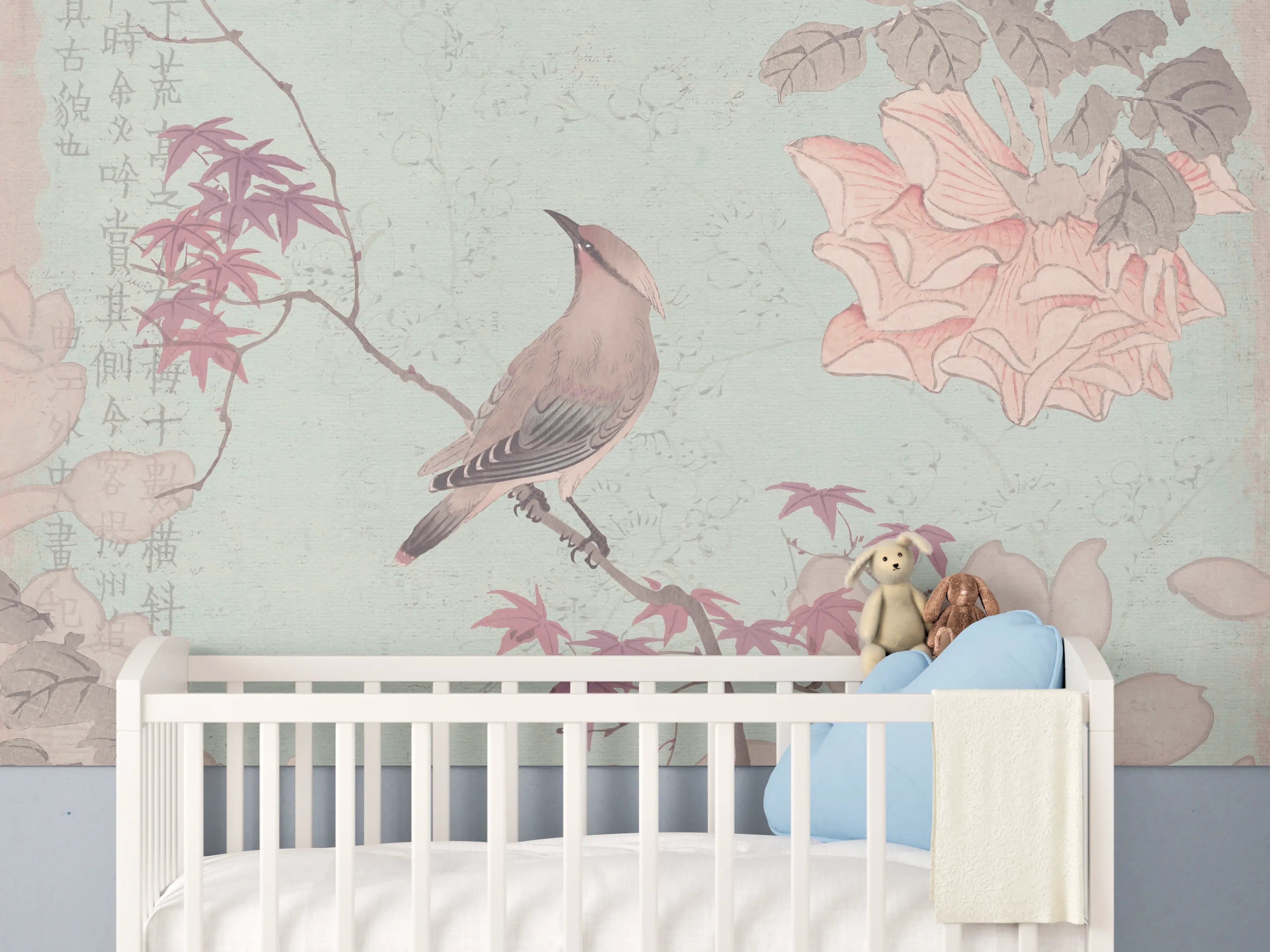 Babyzimmer Wandgestaltung - Vogel Zeichnung - Rosa