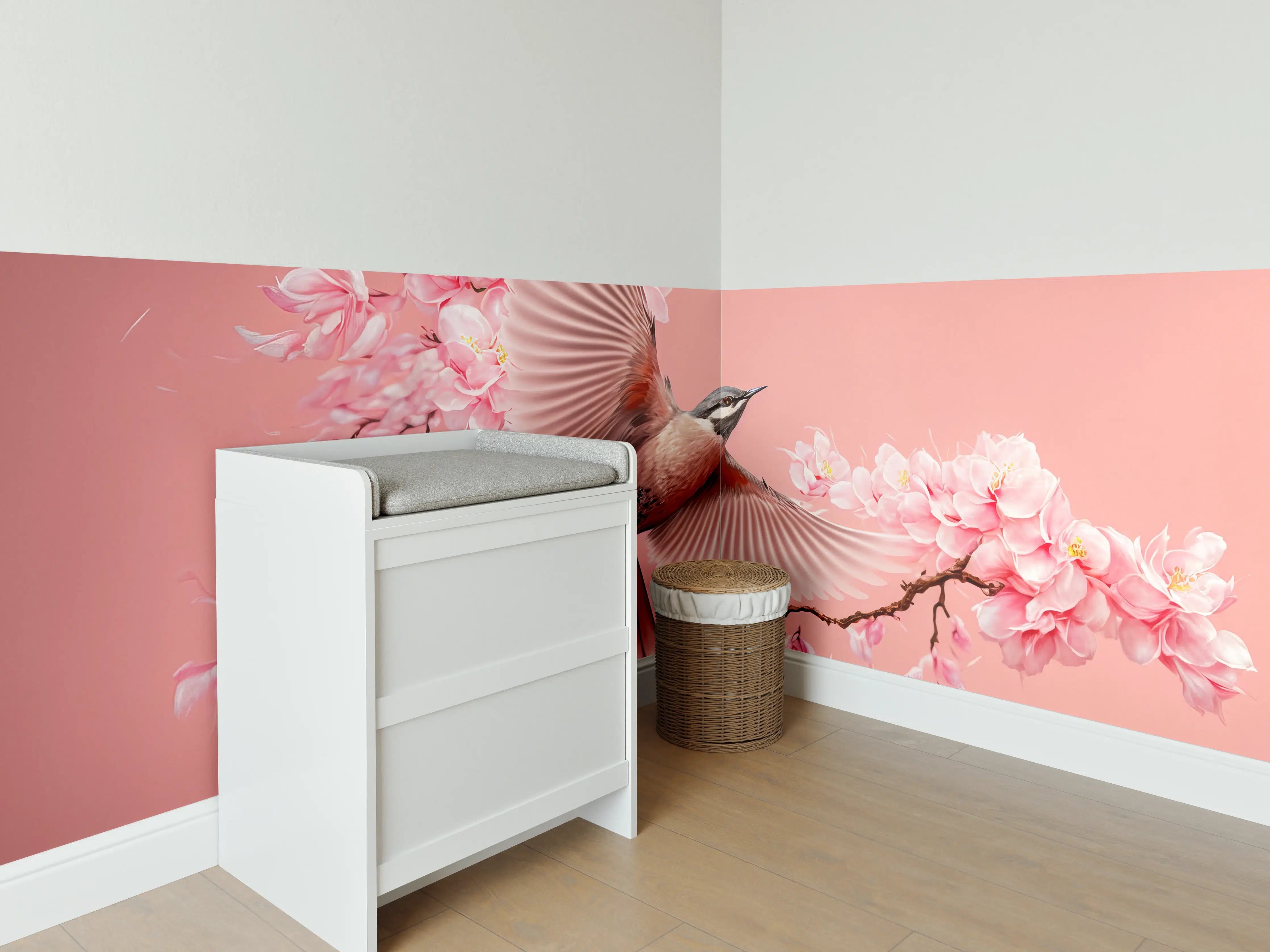 Babyzimmer Wandgestaltung - Vogel und Kirschblüten Pink