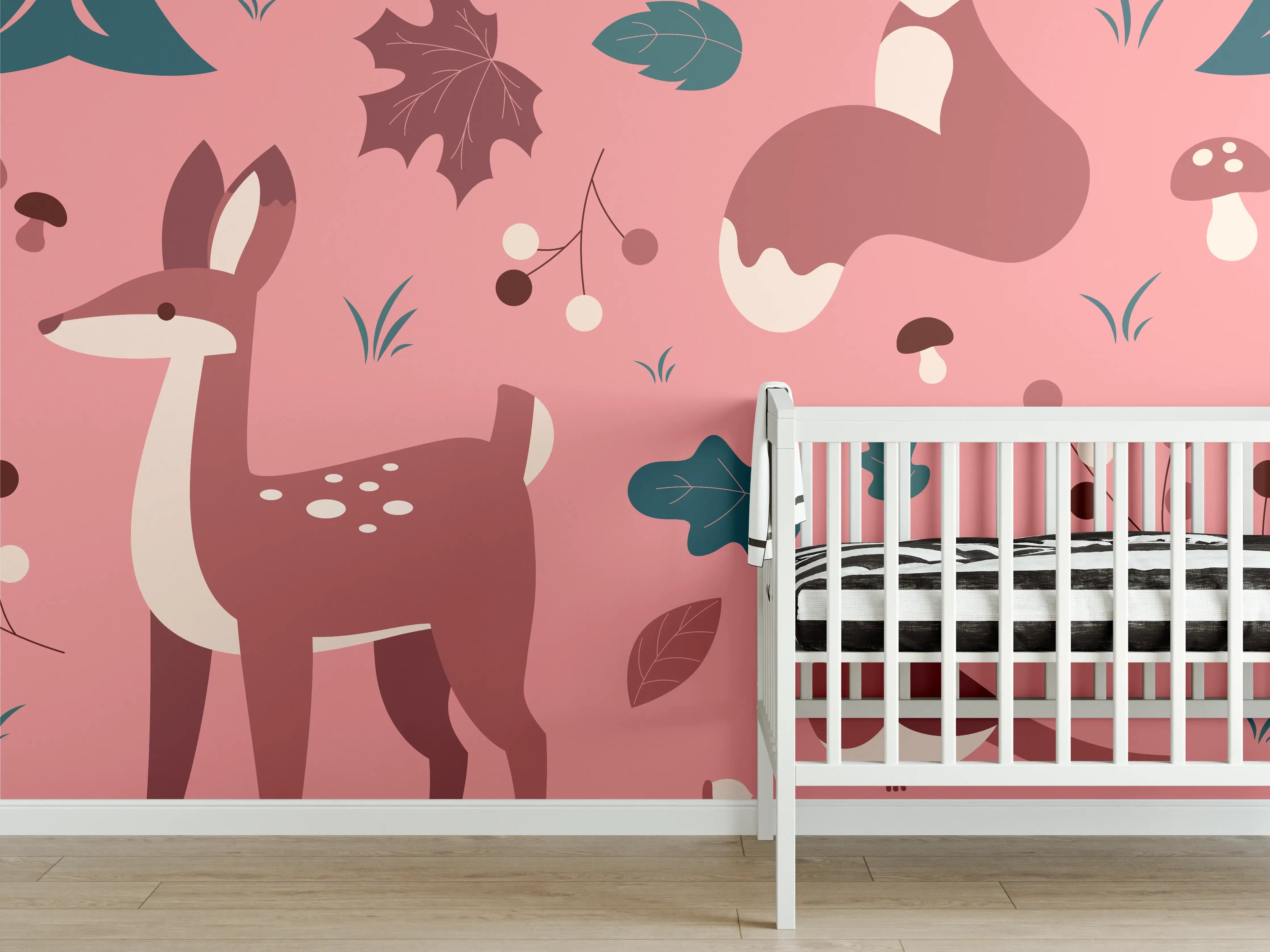 Babyzimmer Wandgestaltung - Waldtier-Muster Rosa Hintergrund