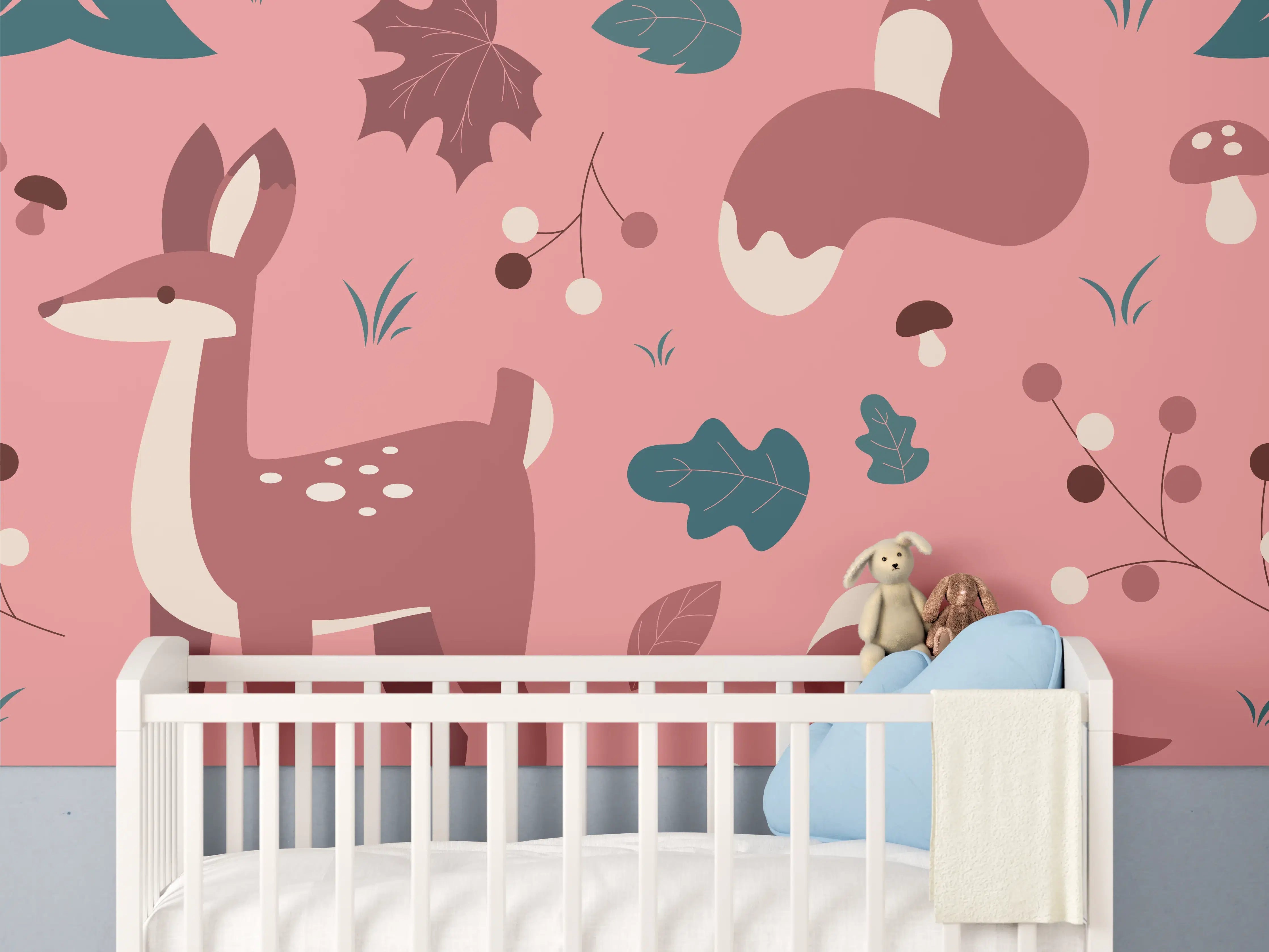Babyzimmer Wandgestaltung - Waldtier-Muster Rosa Hintergrund