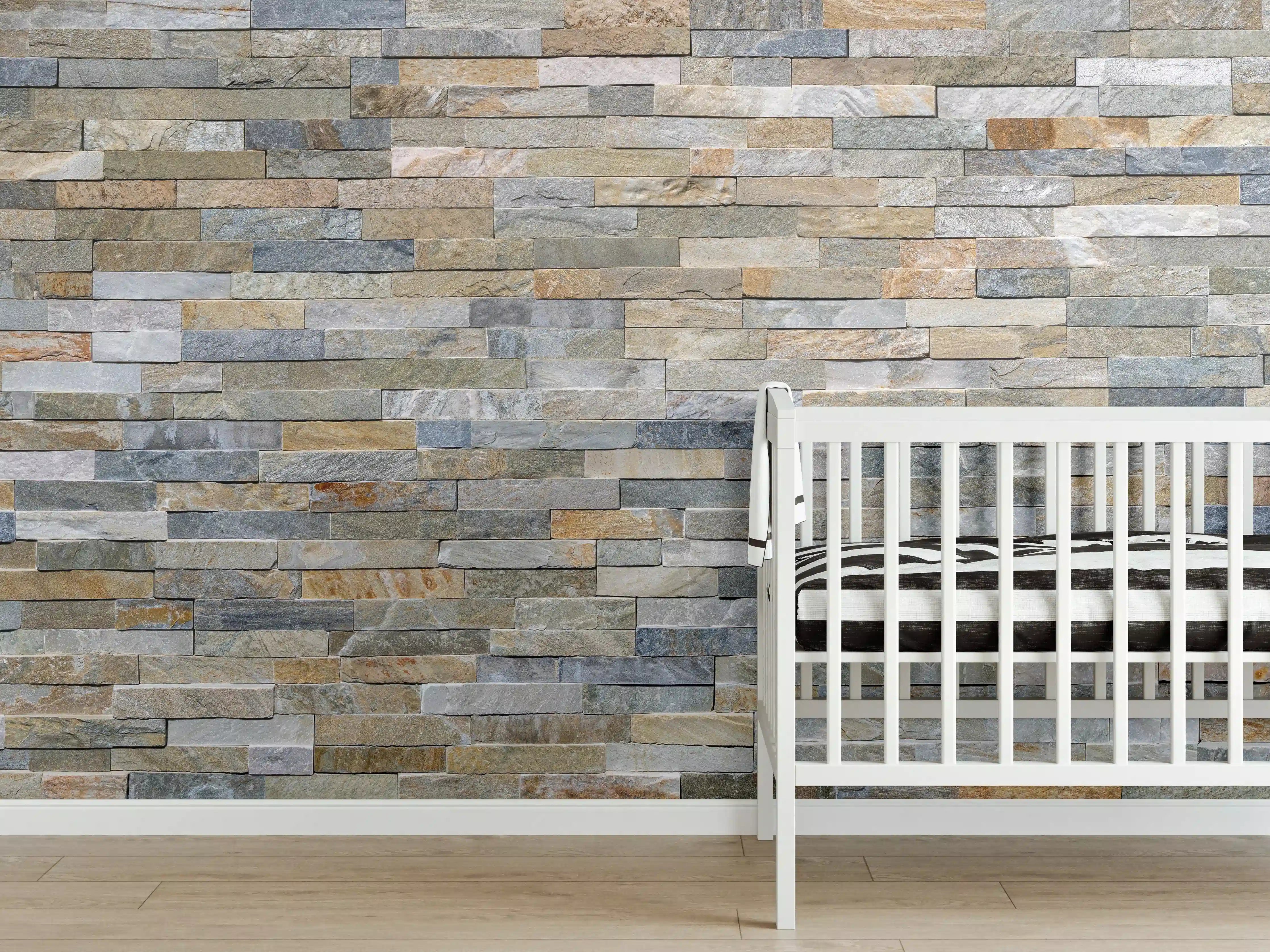 Babyzimmer Wandgestaltung - Wand aus farbigen Verblendsteinen