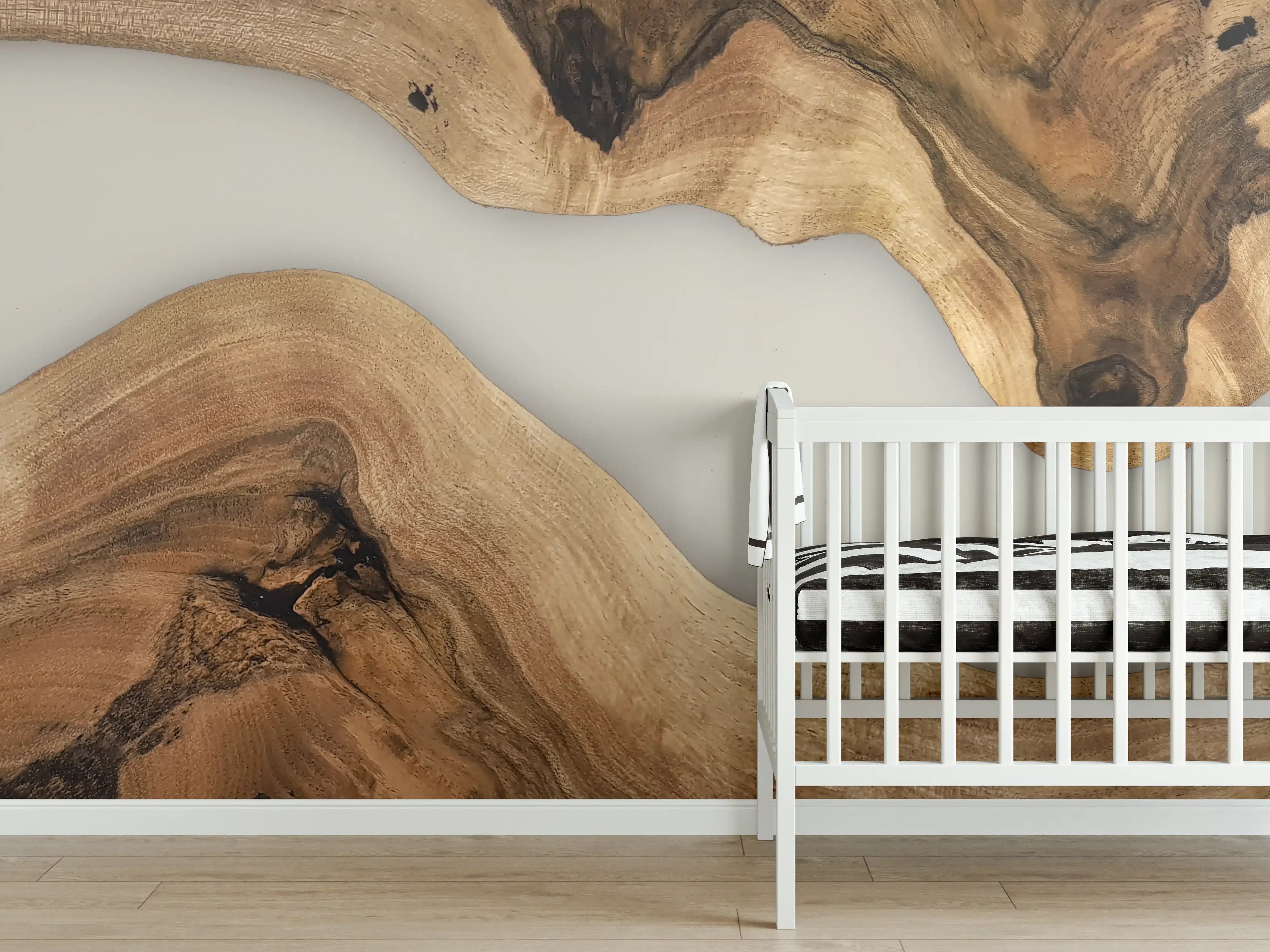 Babyzimmer Wandgestaltung - Warme Holztöne mit Grauweißer Struktur