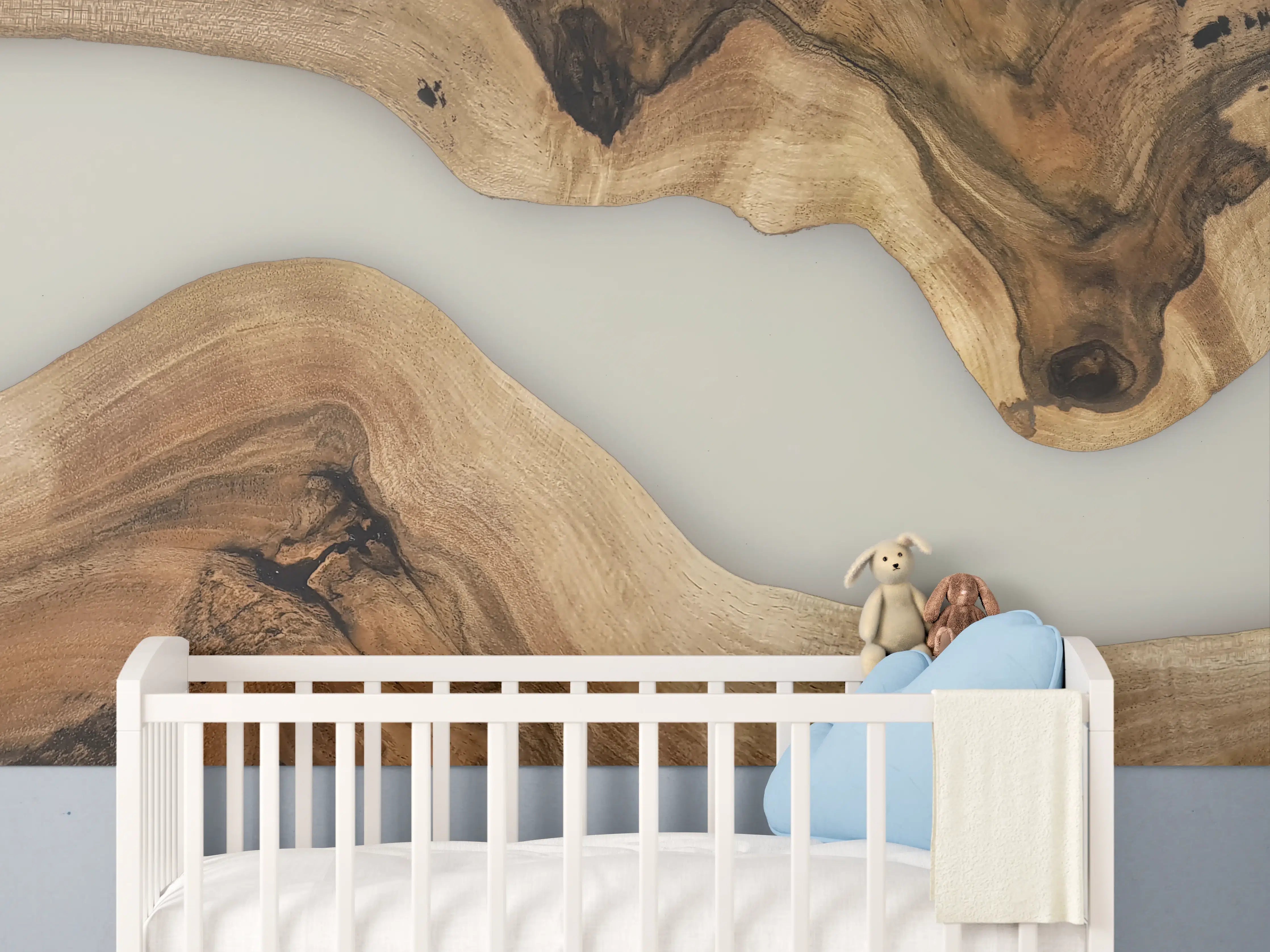 Babyzimmer Wandgestaltung - Warme Holztöne mit Grauweißer Struktur