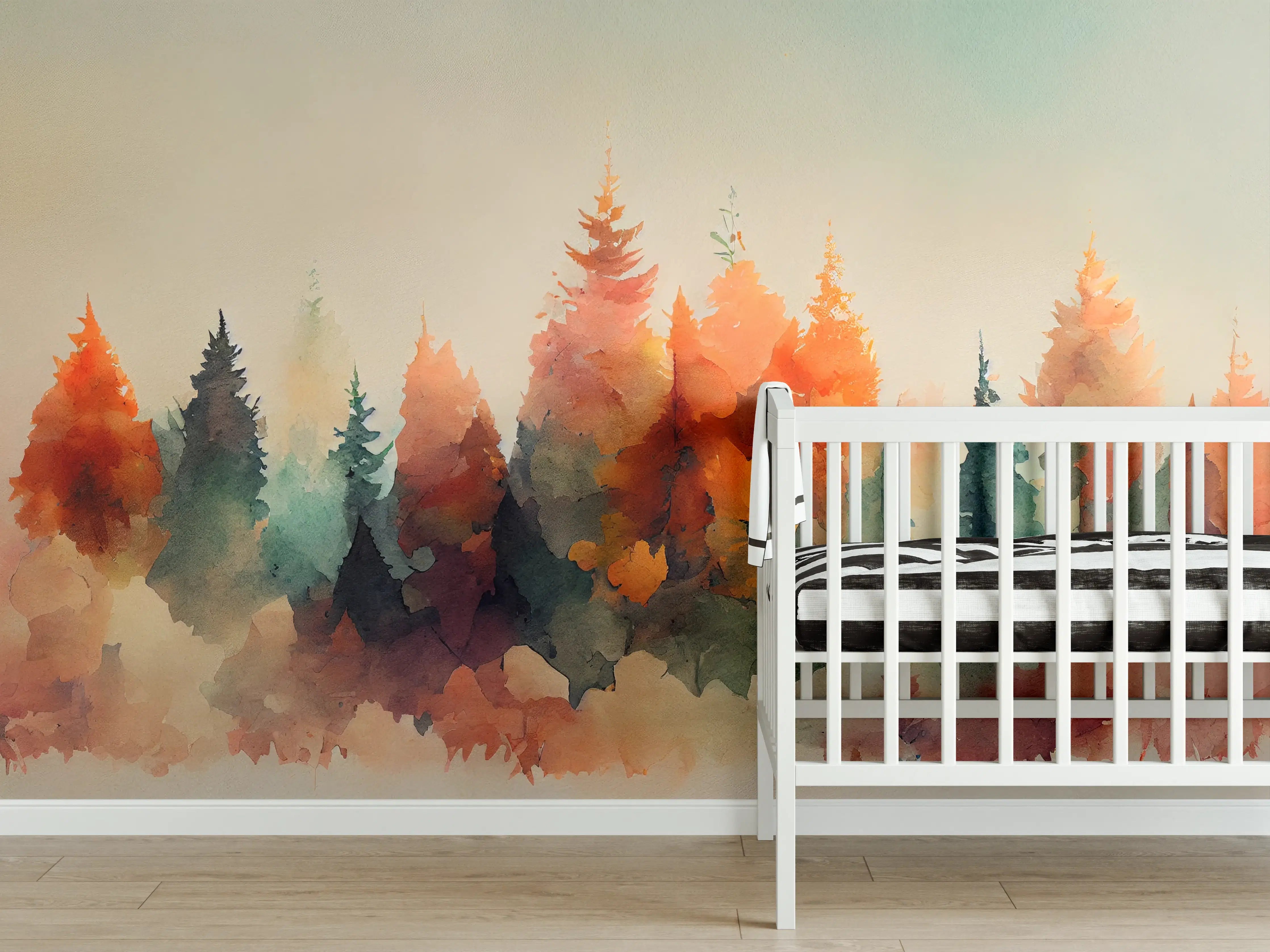 Babyzimmer Wandgestaltung - Warmer Wald im Aquarellstil