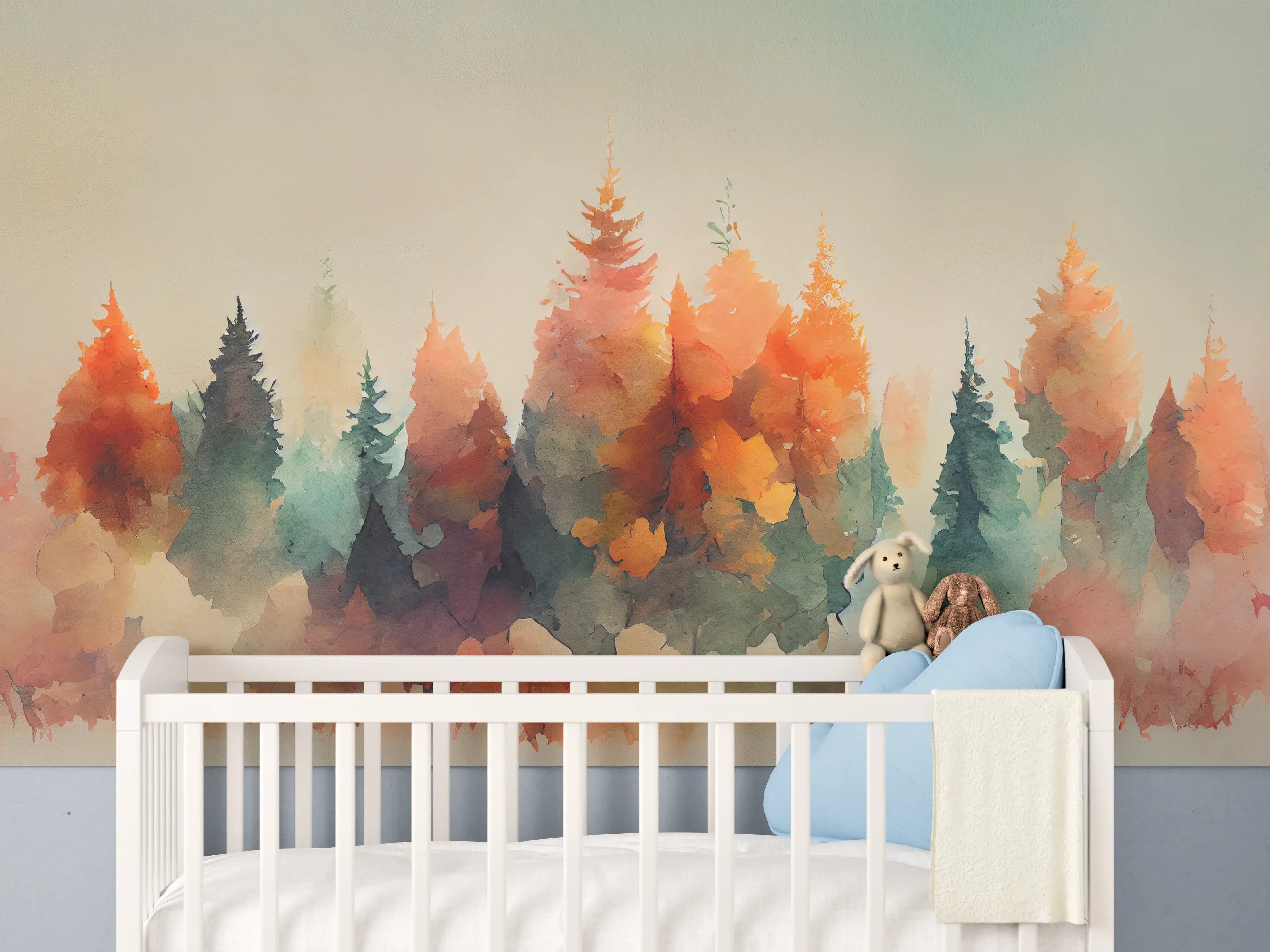 Babyzimmer Wandgestaltung - Warmer Wald im Aquarellstil