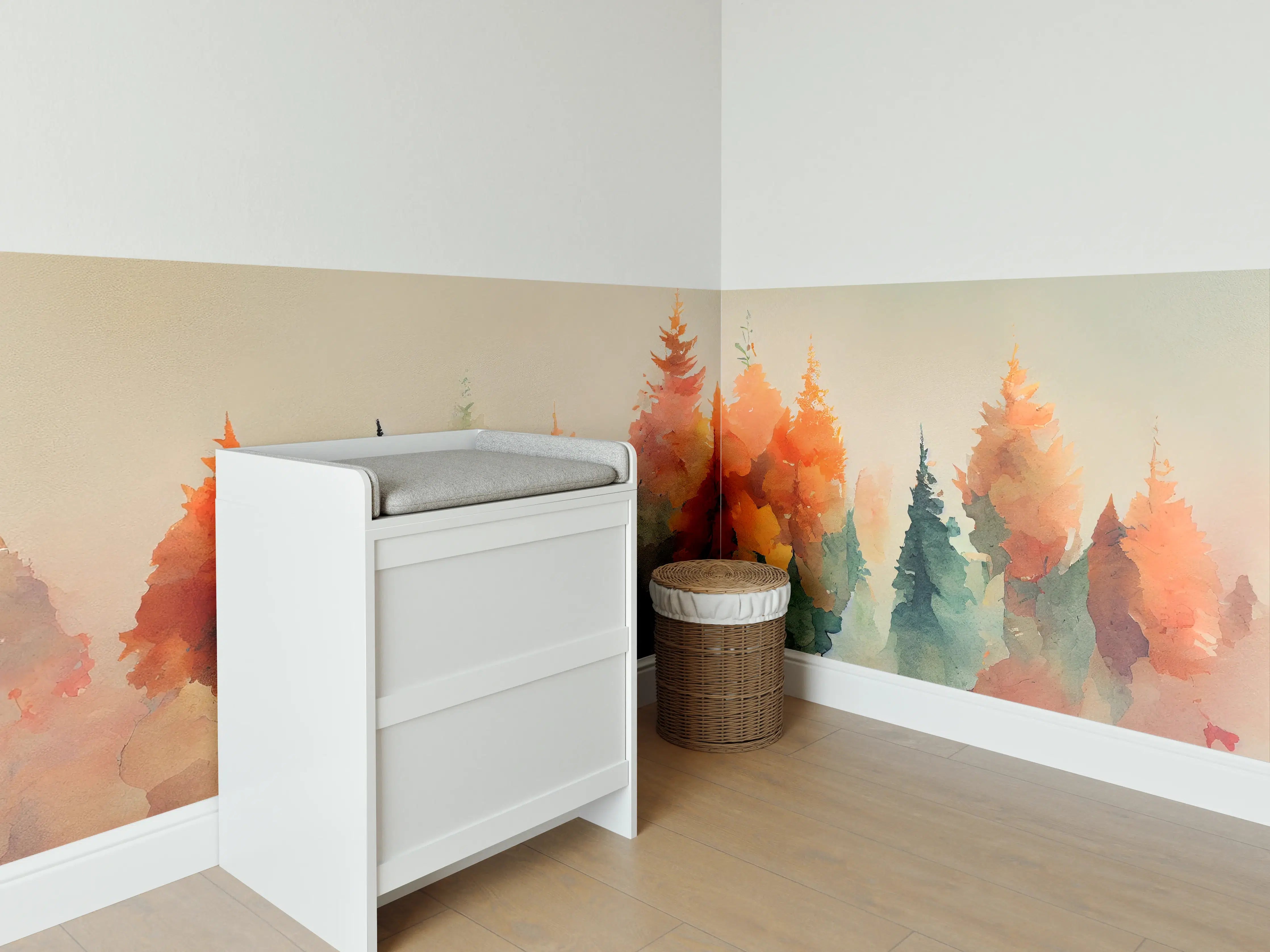Babyzimmer Wandgestaltung - Warmer Wald im Aquarellstil