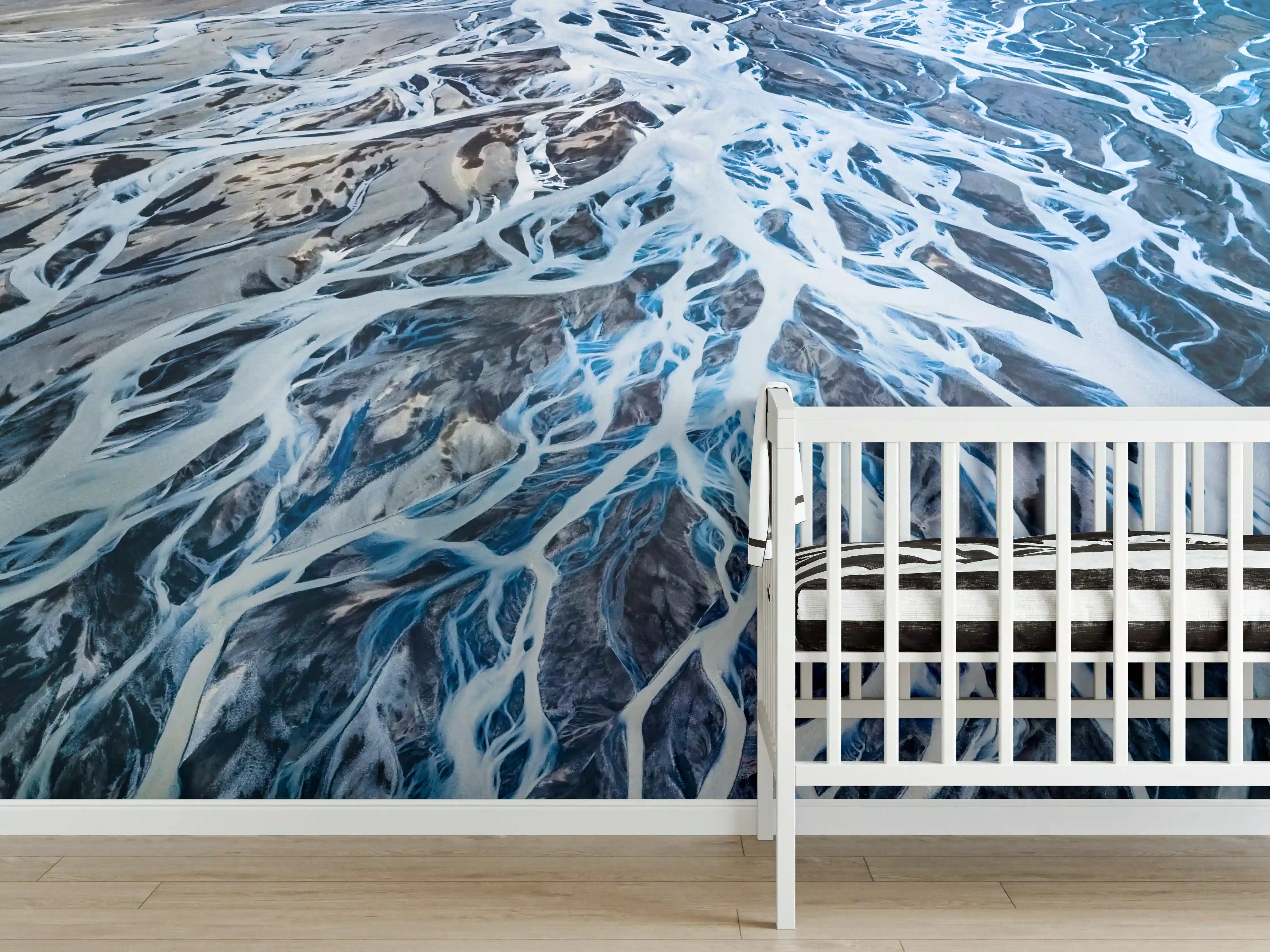 Babyzimmer Wandgestaltung - Wasseroberfläche mit Dünen, Blau- und Beigetönen
