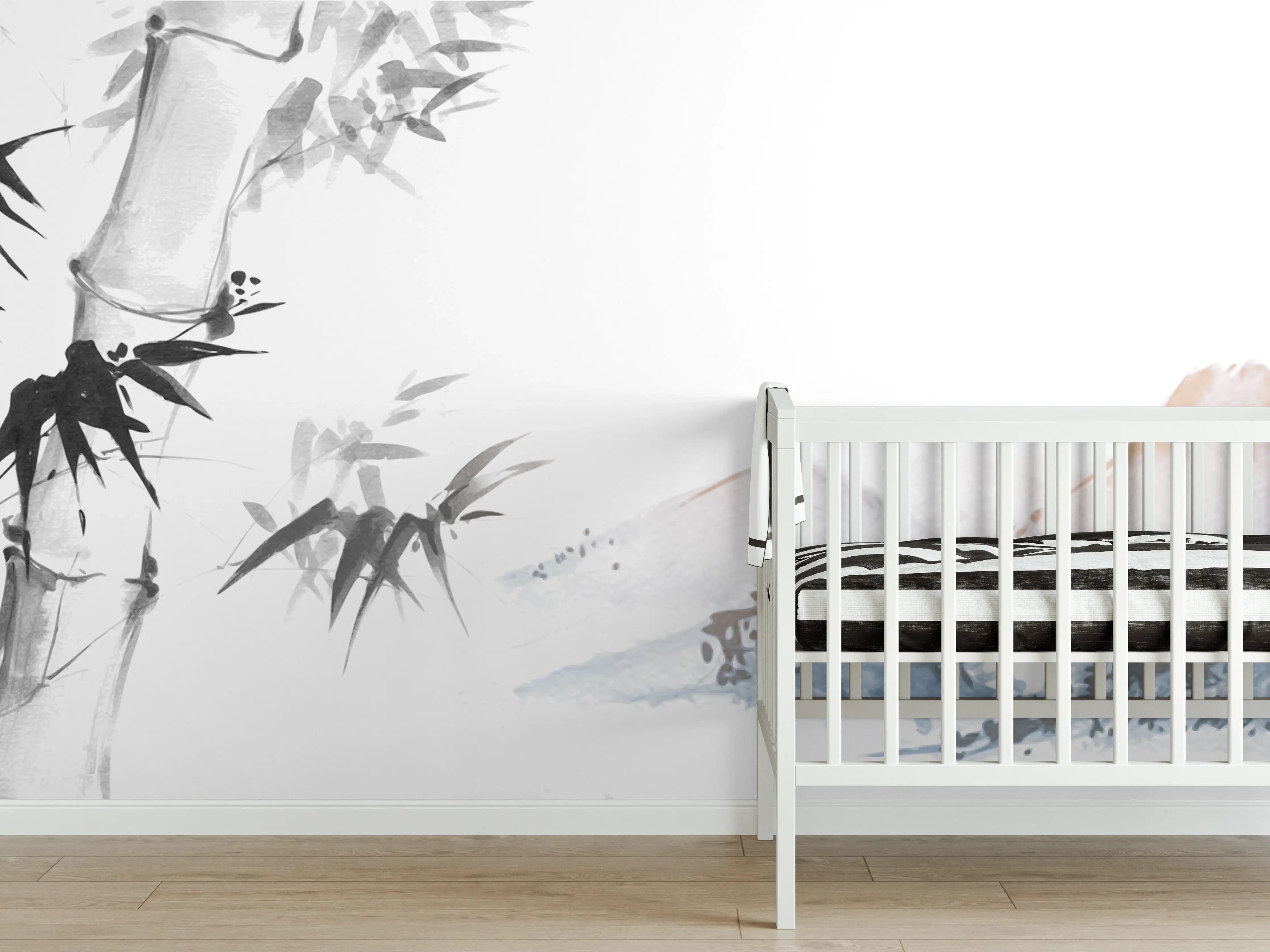 Babyzimmer Wandgestaltung - Weiß-Blau Bambus Bergmalerei