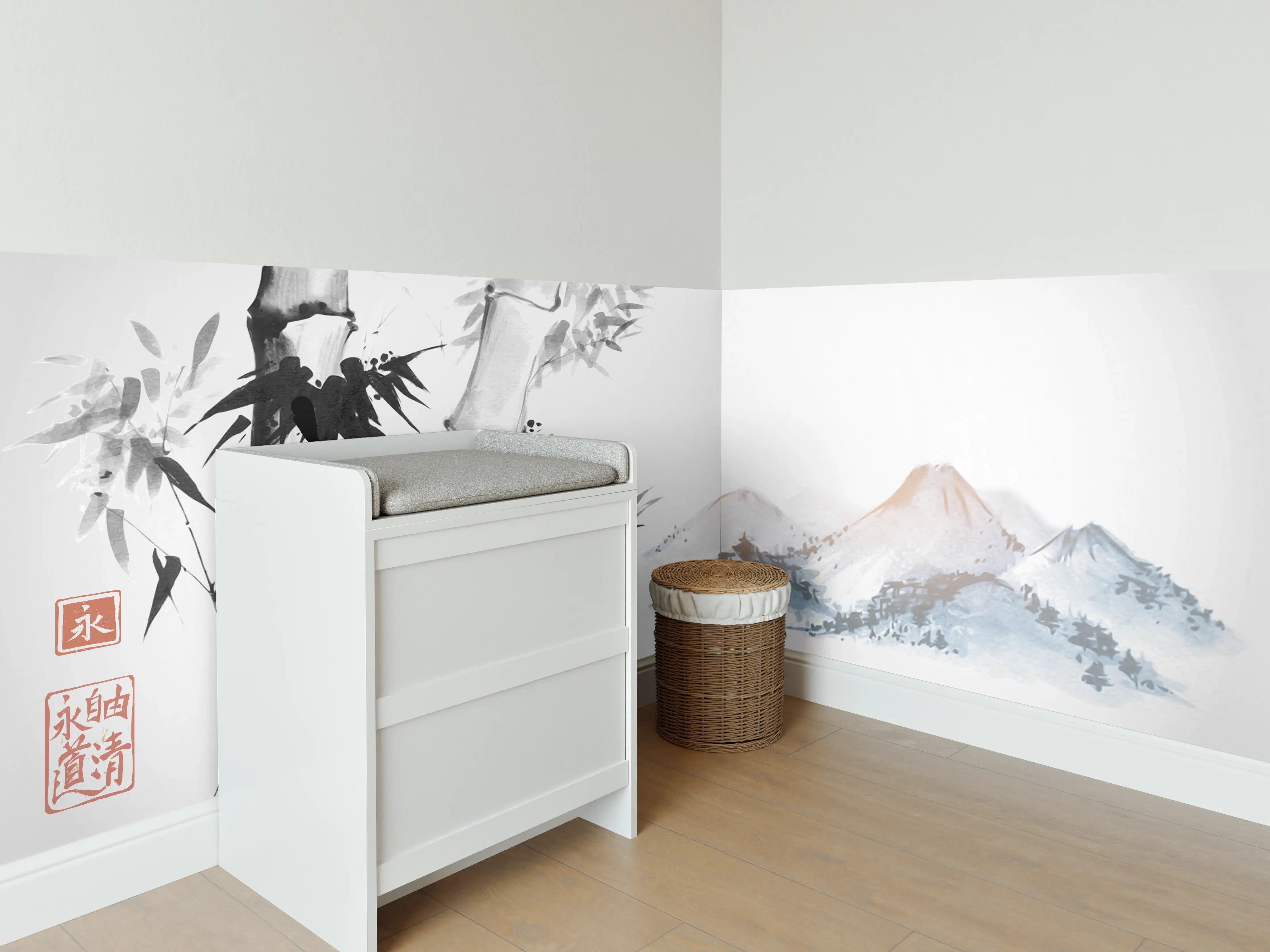 Babyzimmer Wandgestaltung - Weiß-Blau Bambus Bergmalerei