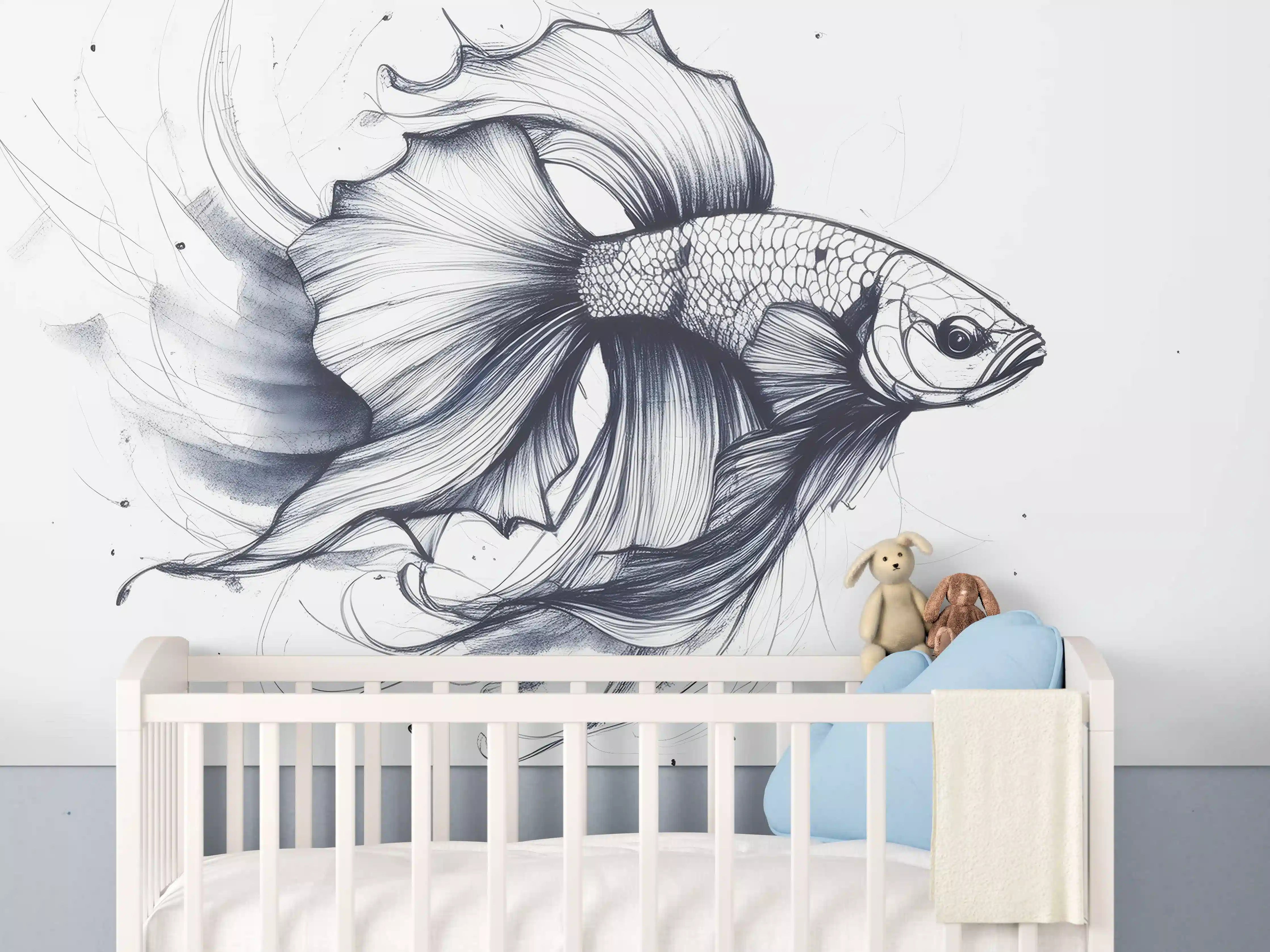 Babyzimmer Wandgestaltung - Weiß-Grau Betta-Fisch Illustration