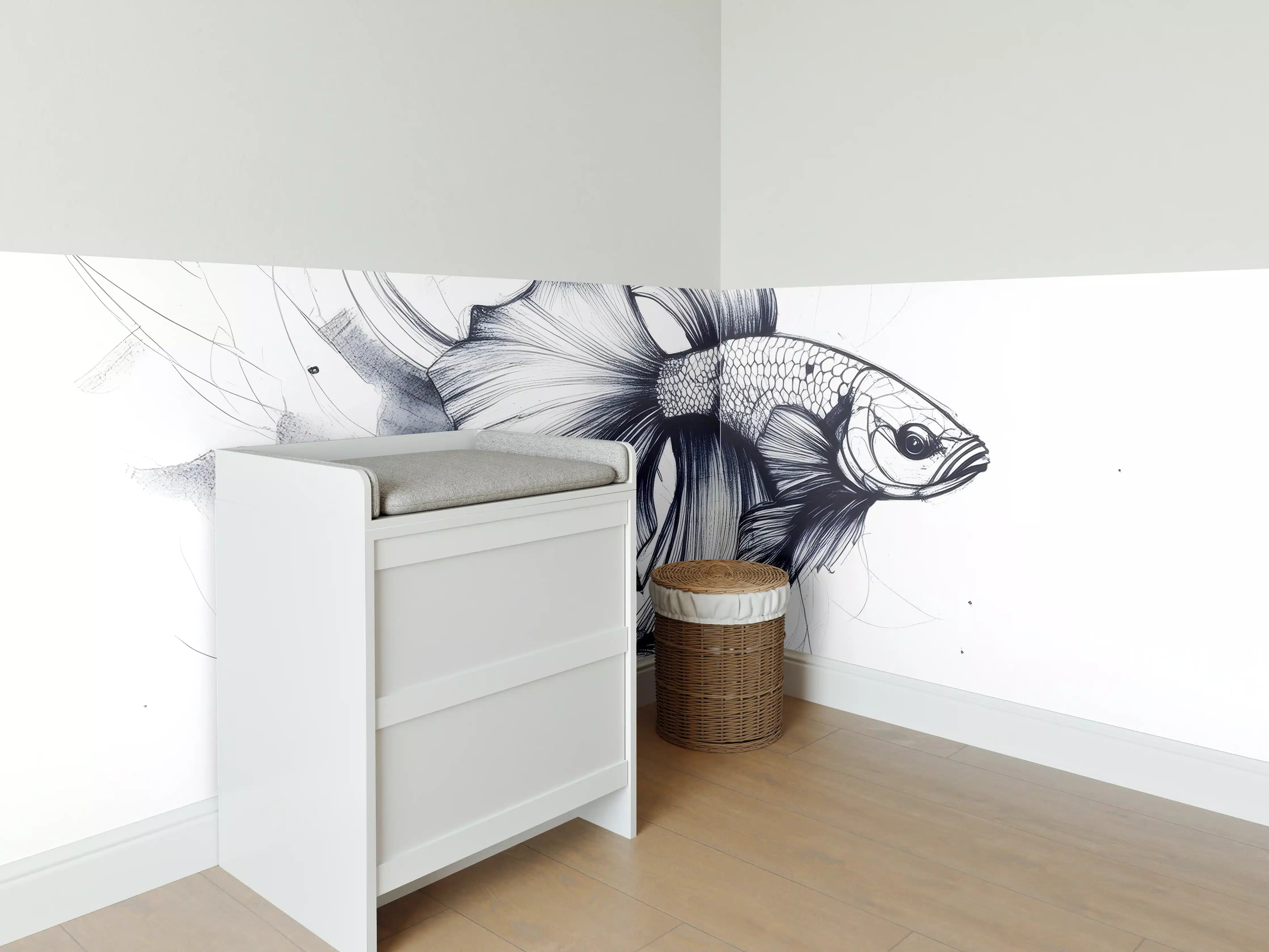 Babyzimmer Wandgestaltung - Weiß-Grau Betta-Fisch Illustration
