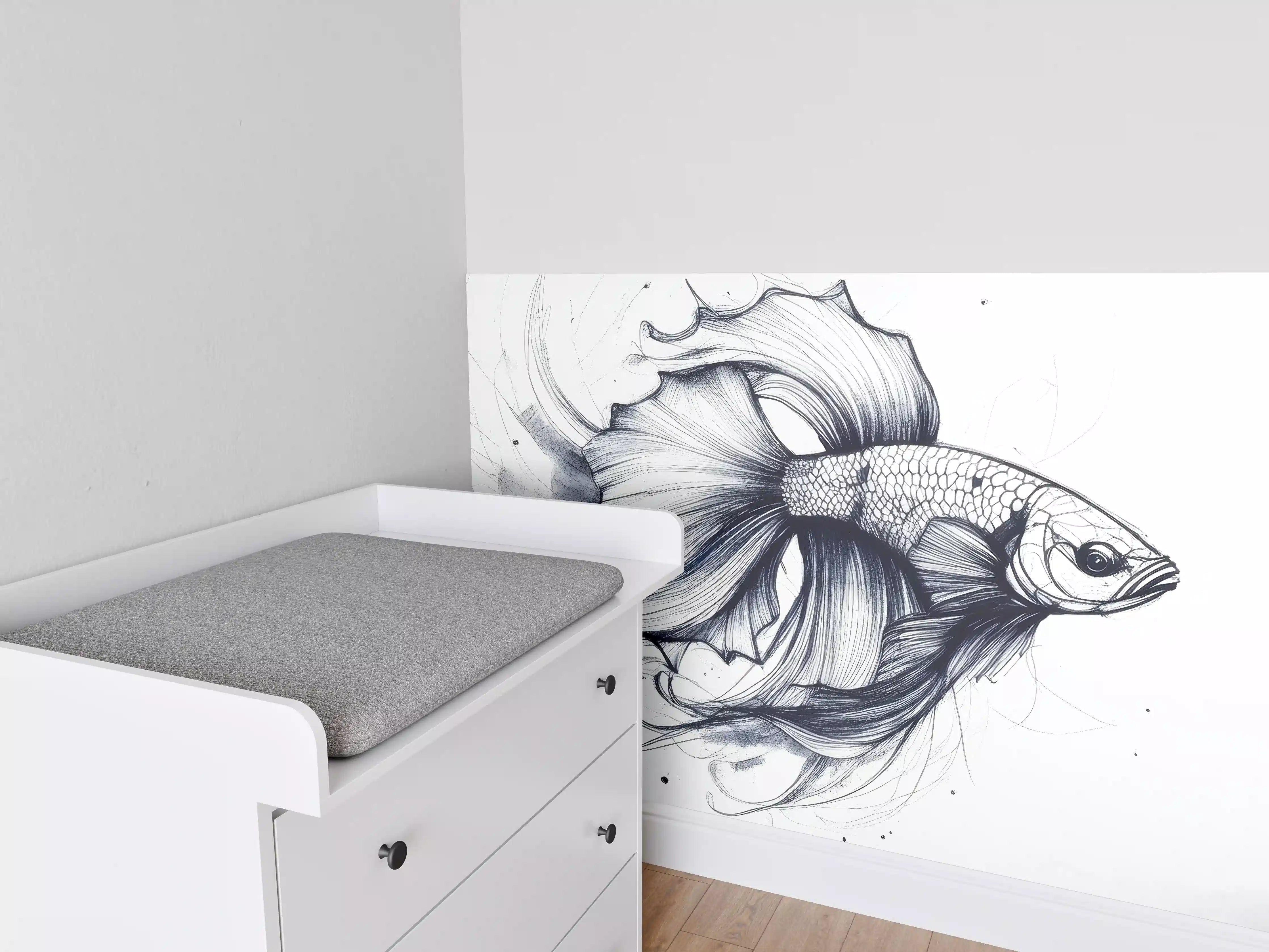 Babyzimmer Wandgestaltung - Weiß-Grau Betta-Fisch Illustration