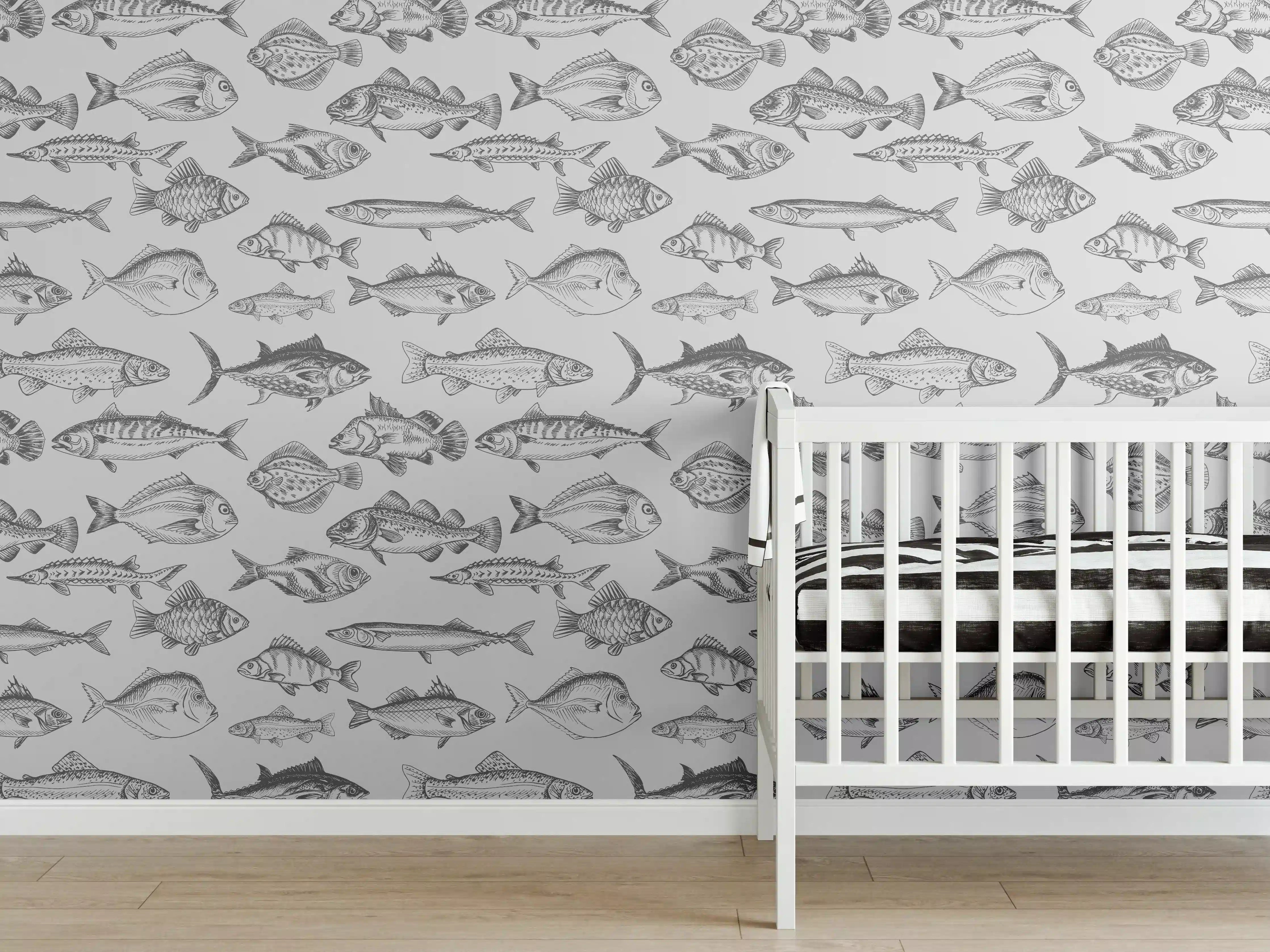 Babyzimmer Wandgestaltung - Weiß-Grau Fischmuster