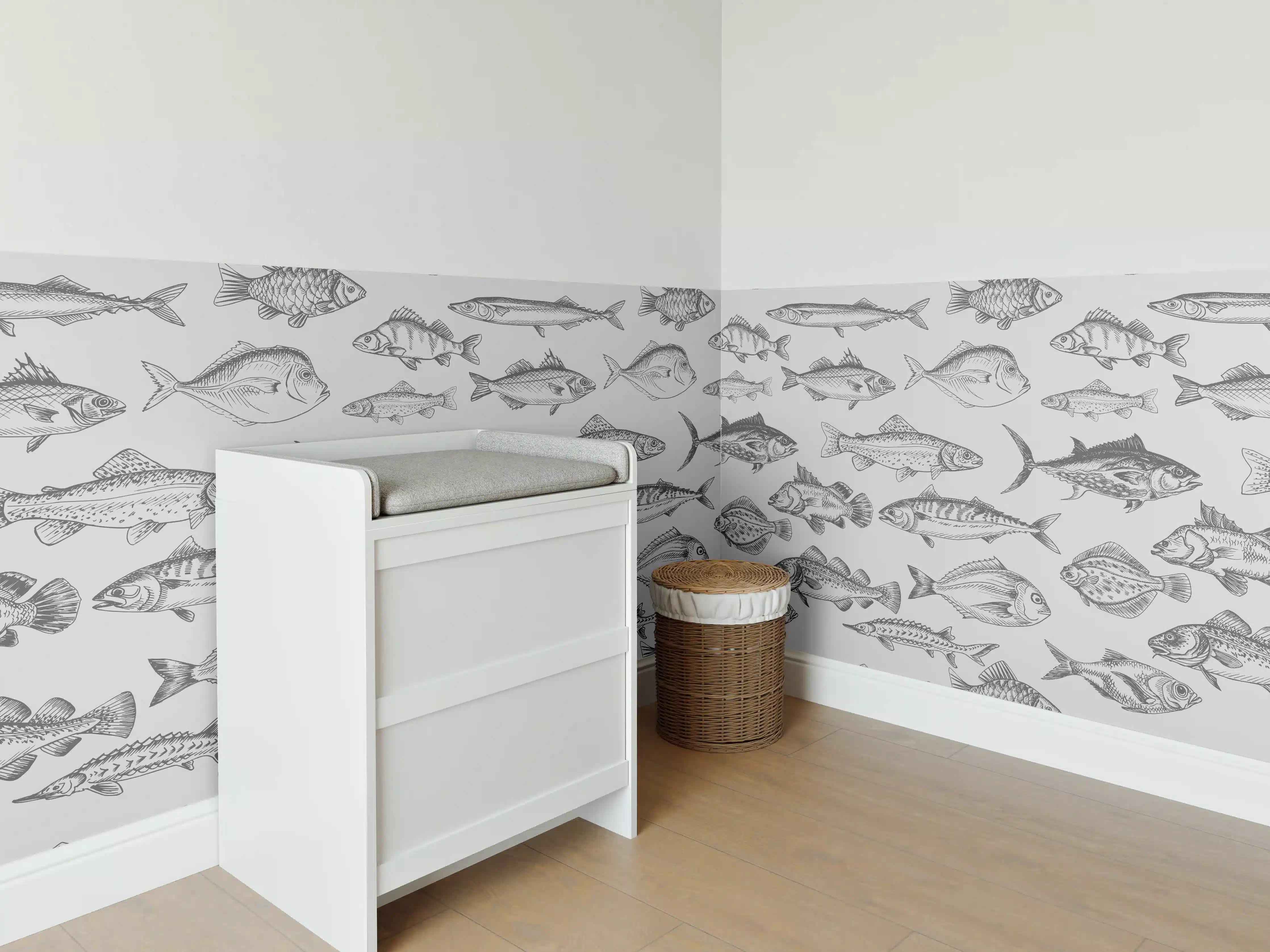 Babyzimmer Wandgestaltung - Weiß-Grau Fischmuster