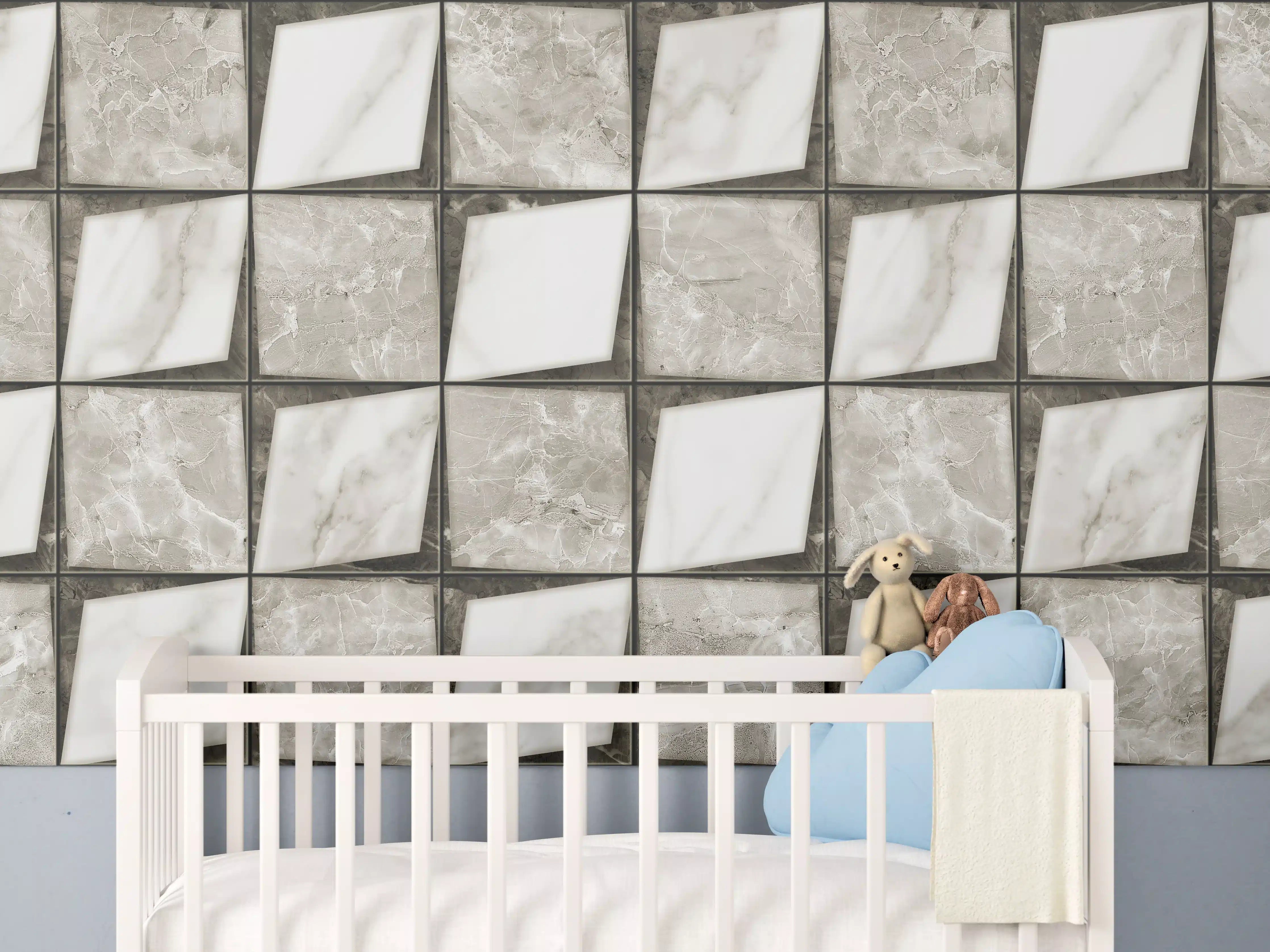 Babyzimmer Wandgestaltung - Weiß-Grau Keramik Mosaikfliesen