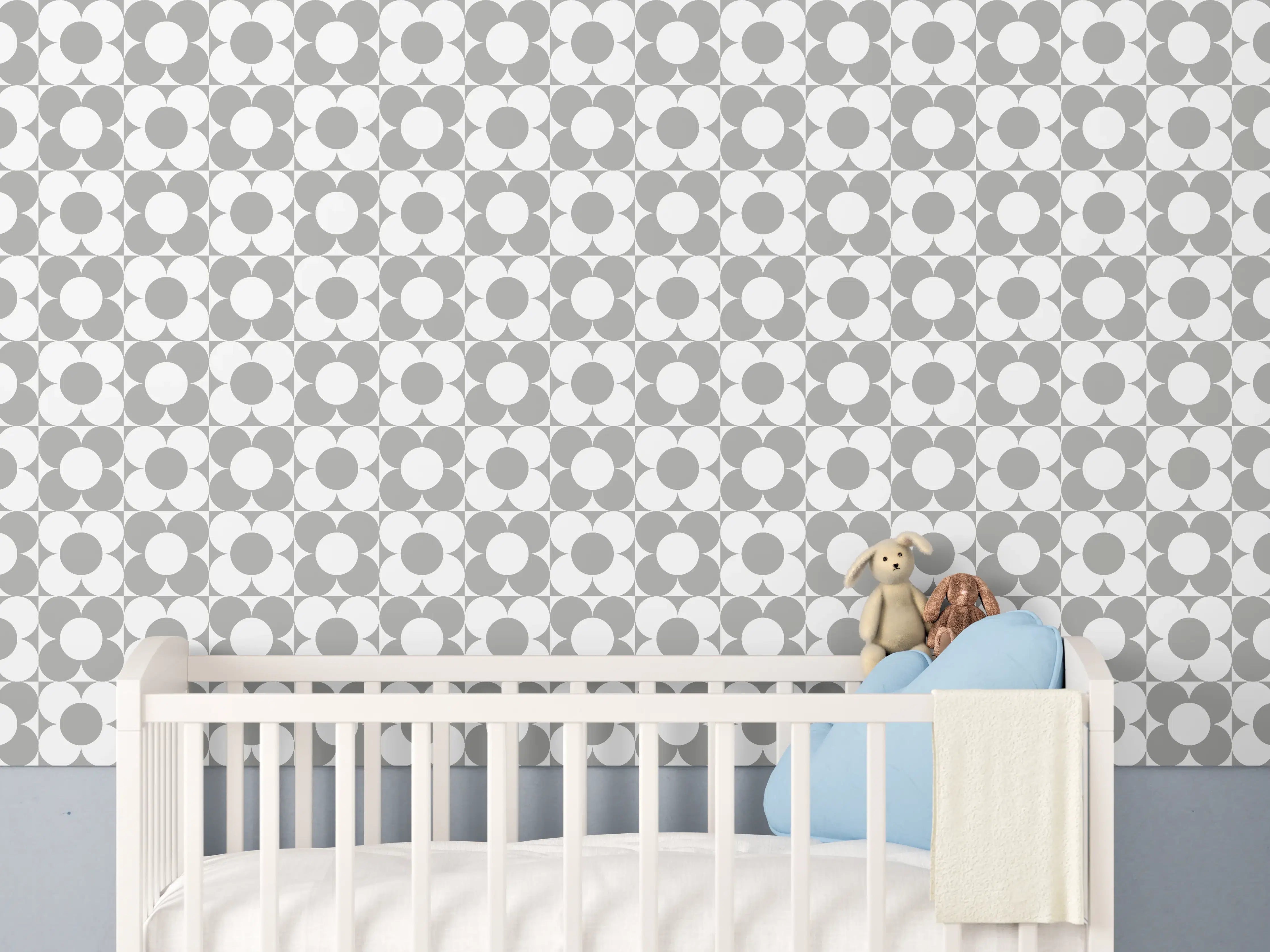Babyzimmer Wandgestaltung - Weiß-Grau-Musterfliese mit feinen Graunuancen
