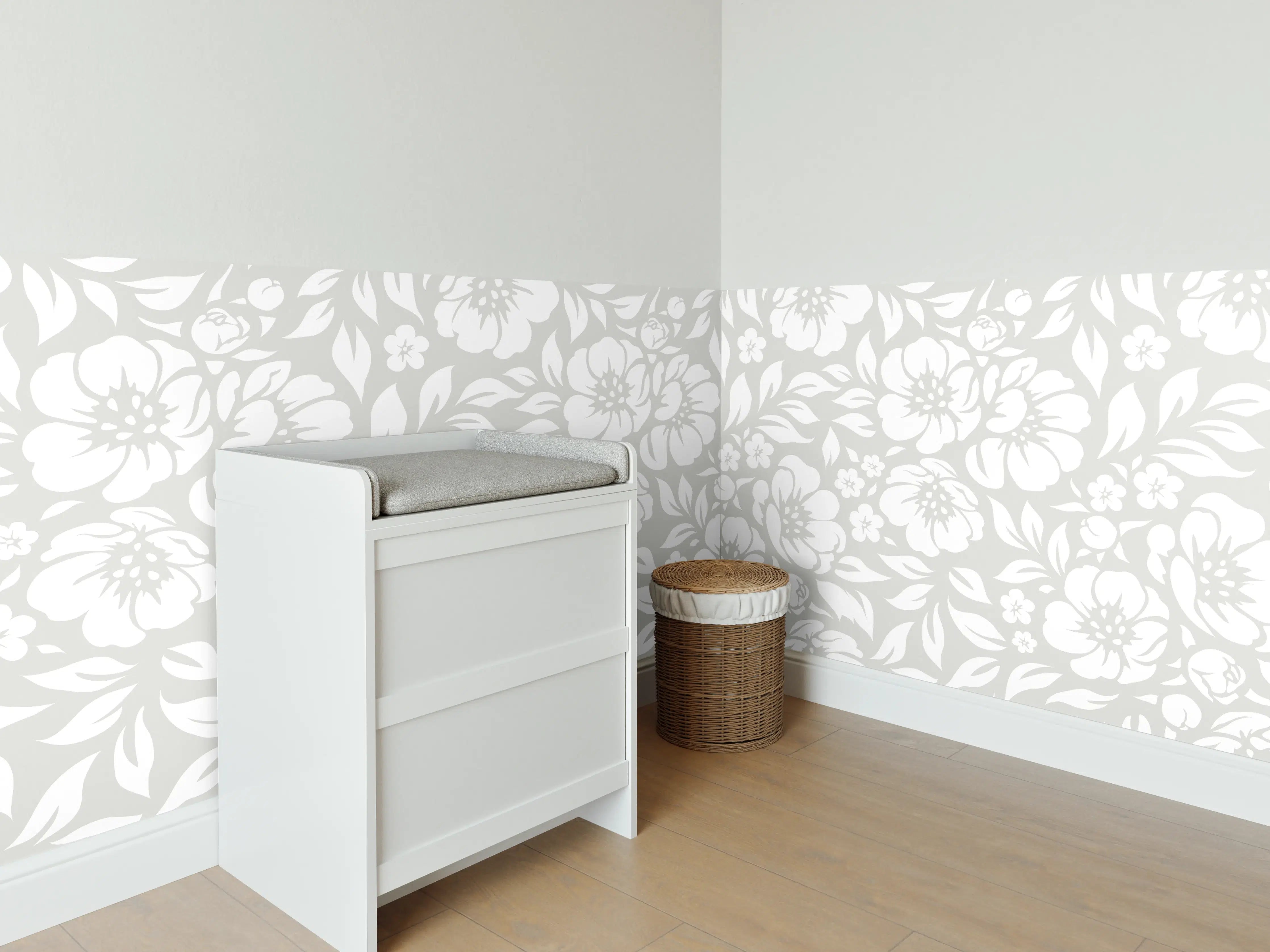 Babyzimmer Wandgestaltung - Weiß-Grau florale Muster