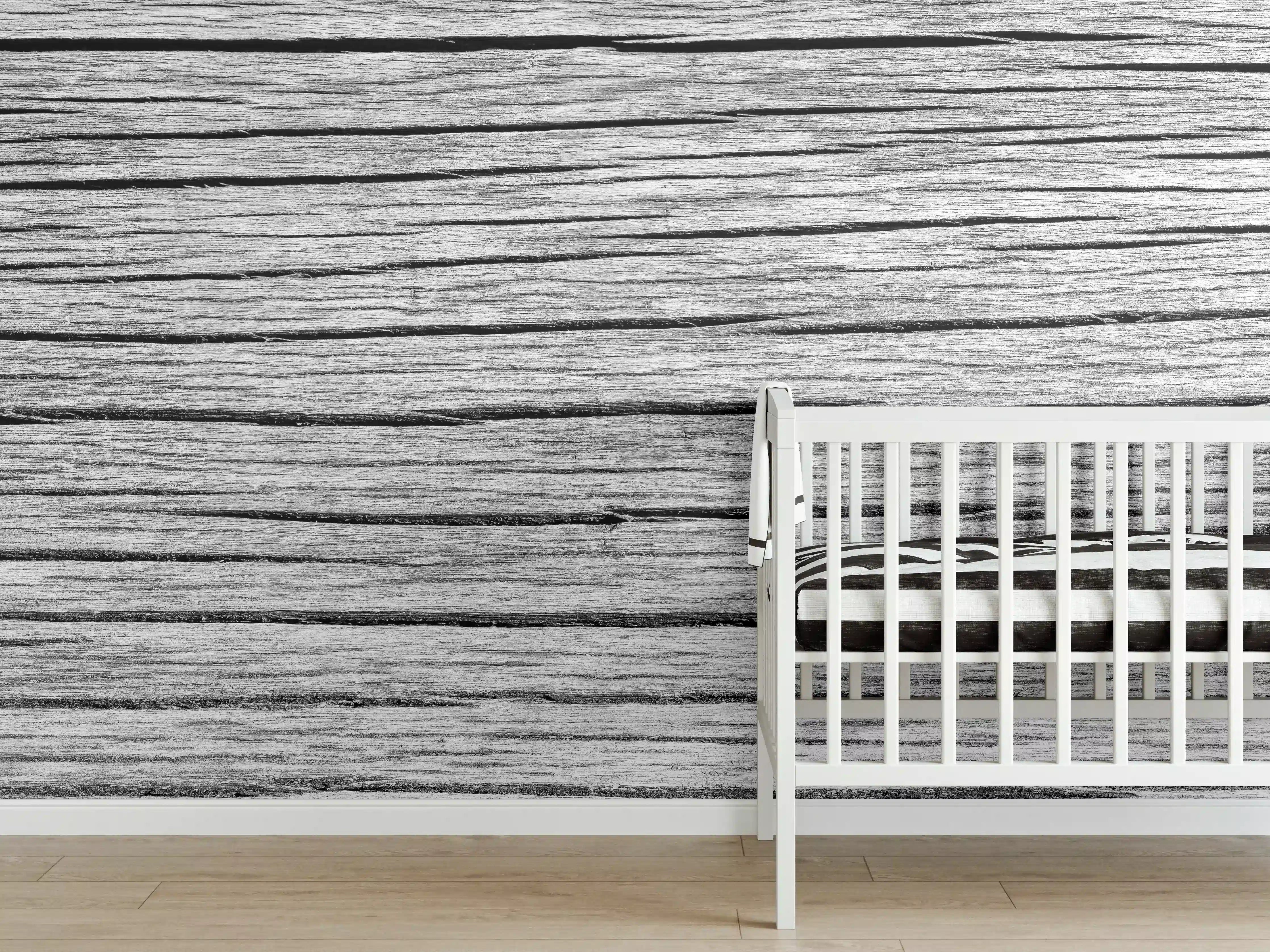 Babyzimmer Wandgestaltung - Weiß-Graue Holztextur Panorama