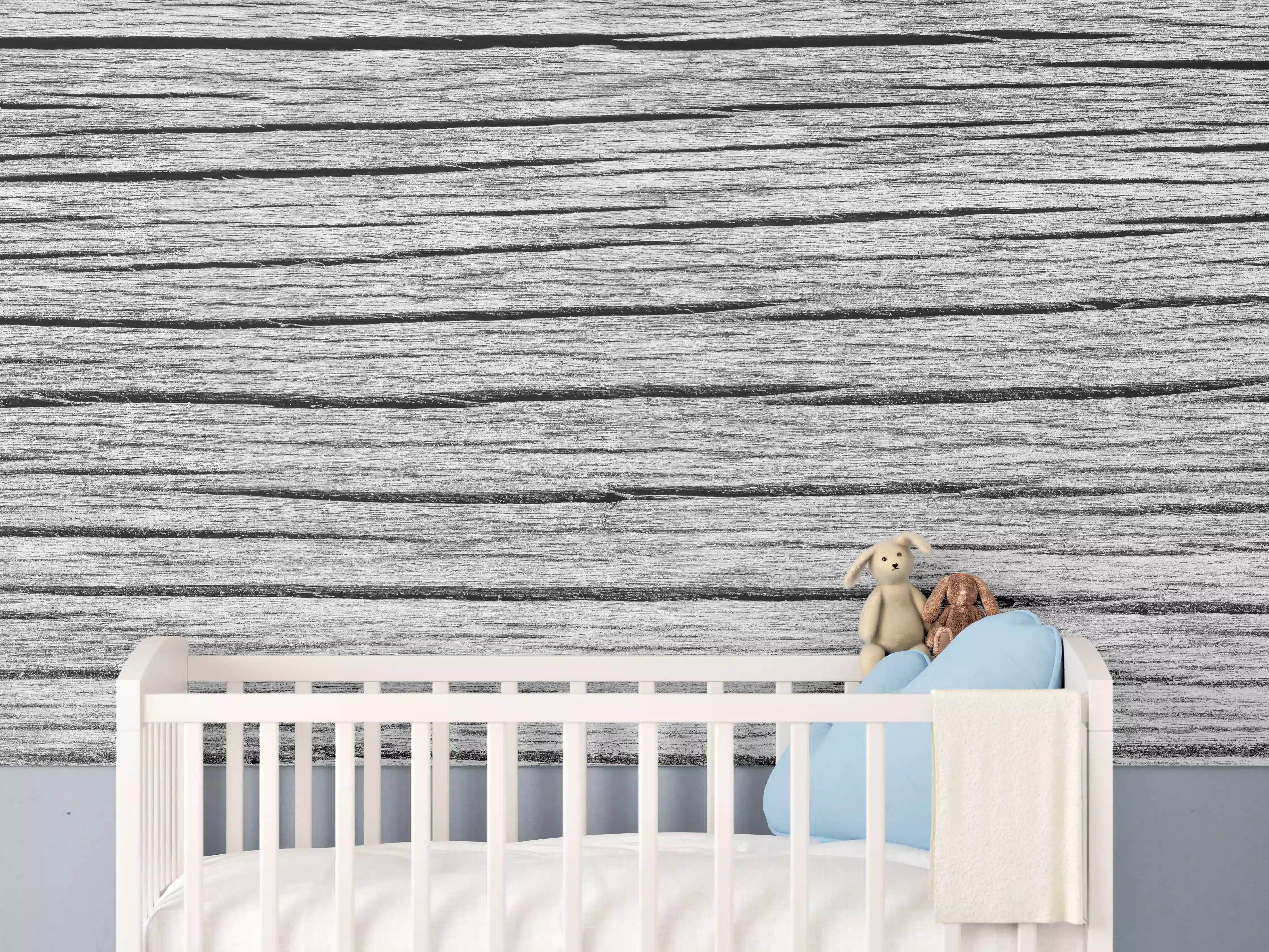 Babyzimmer Wandgestaltung - Weiß-Graue Holztextur Panorama