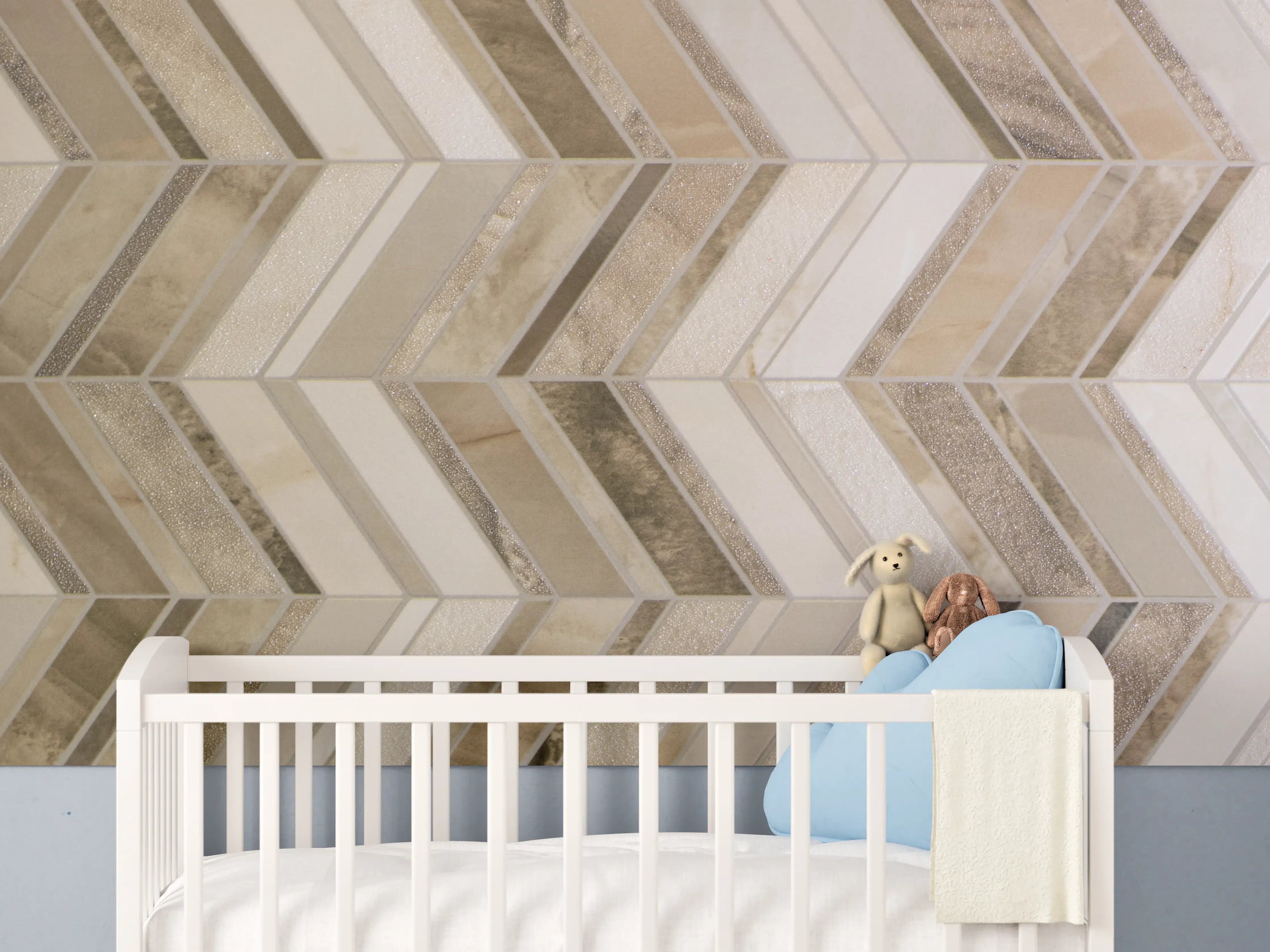 Babyzimmer Wandgestaltung - Weiß-Graue Musterfliesen