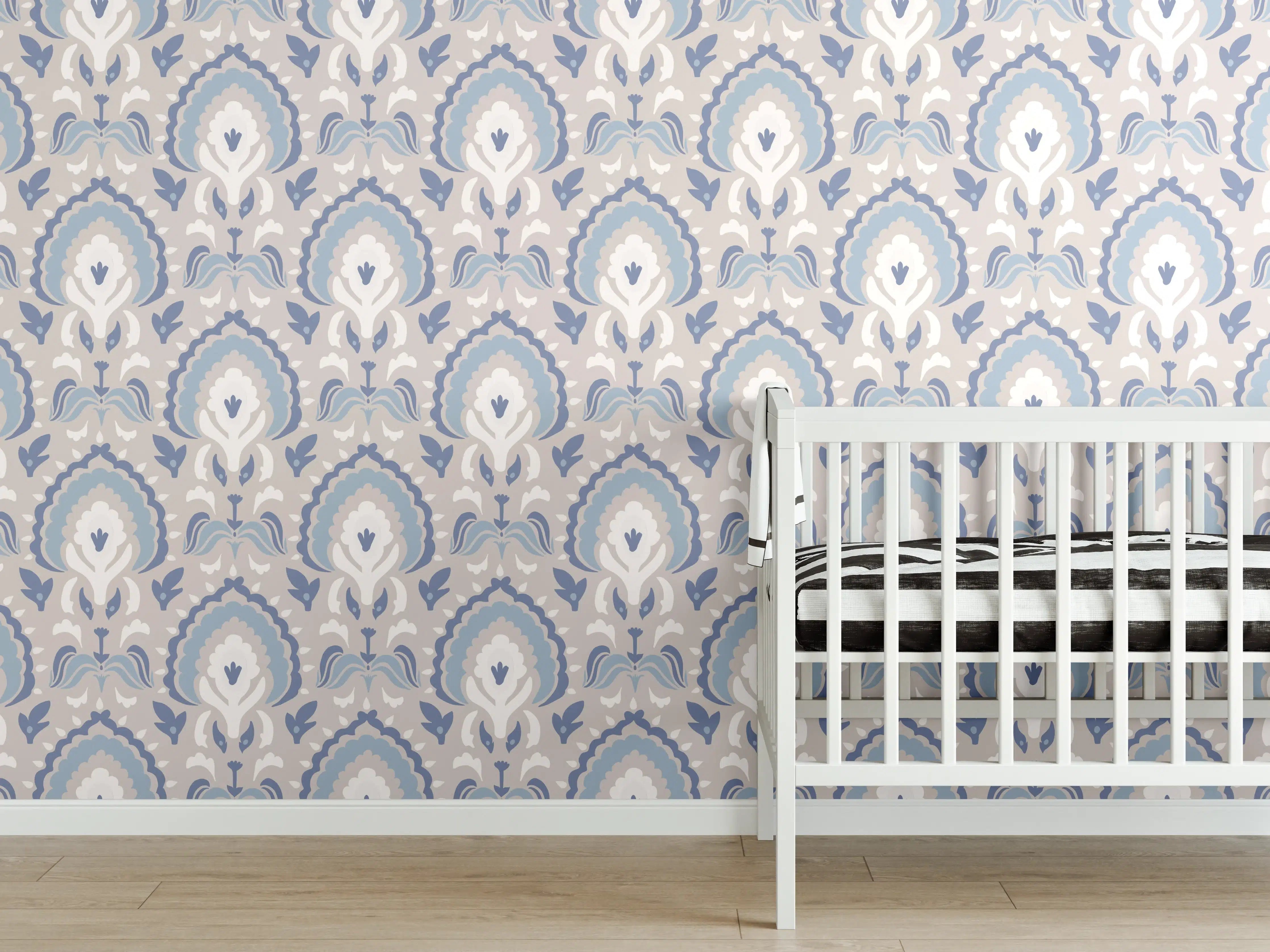 Babyzimmer Wandgestaltung - Weiß-Graues Damastmuster Seamless