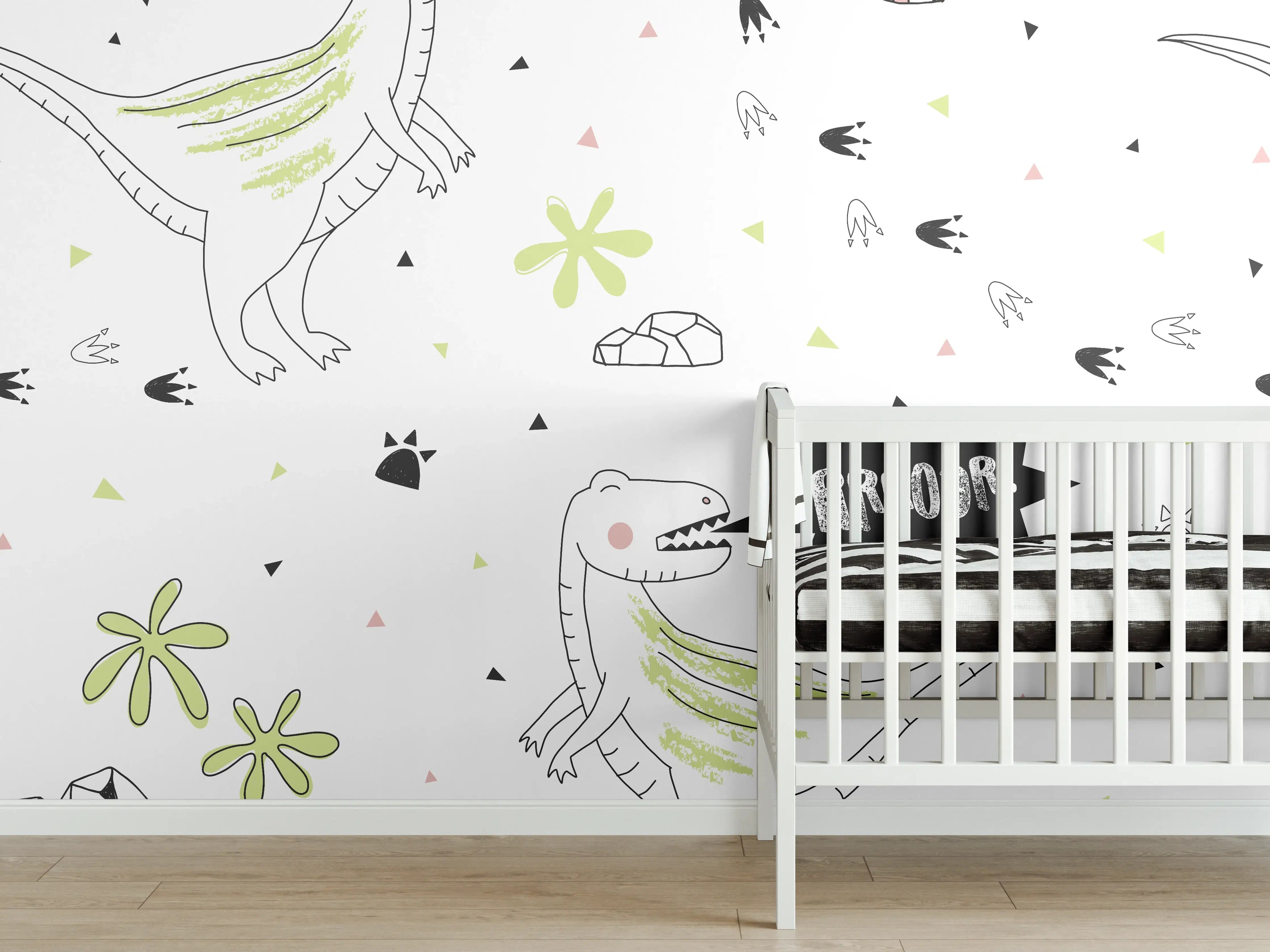 Babyzimmer Wandgestaltung - Weiß-Grünes Dinosaurier-Muster
