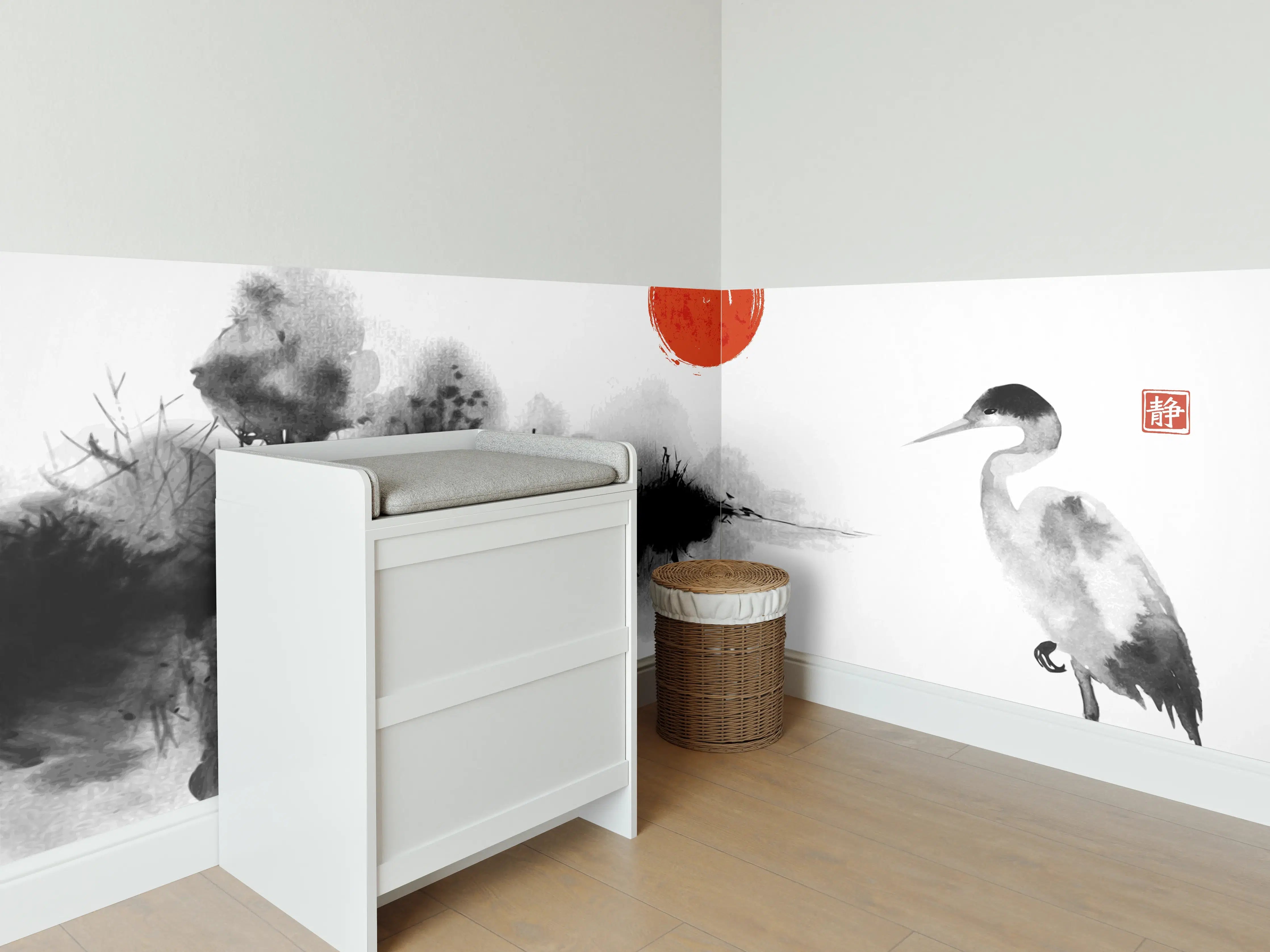 Babyzimmer Wandgestaltung - Weiß-Schwarze Kranich Malerei