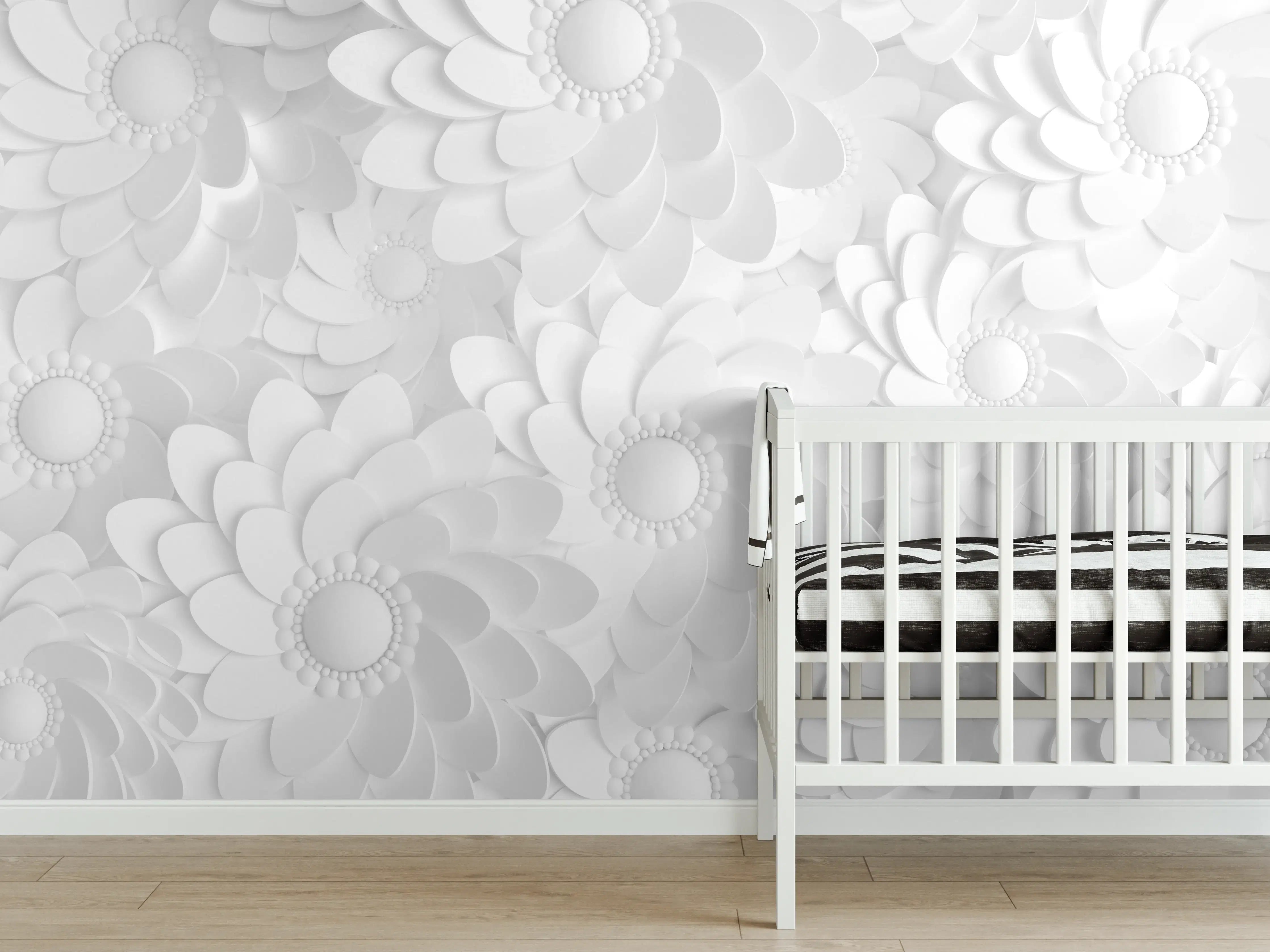 Babyzimmer Wandgestaltung - Weiße 3D-Blumen auf grauem Hintergrund