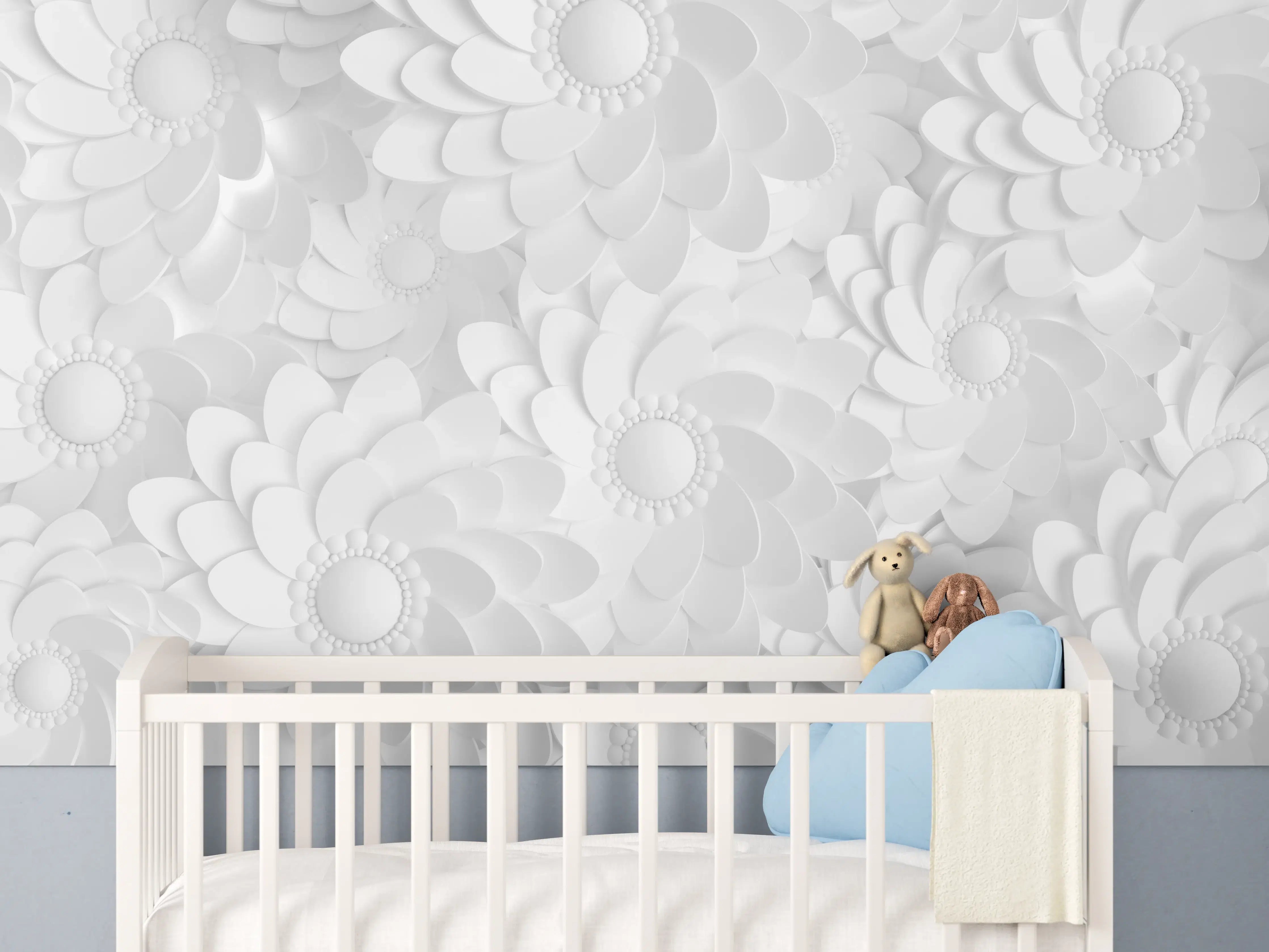 Babyzimmer Wandgestaltung - Weiße 3D-Blumen auf grauem Hintergrund
