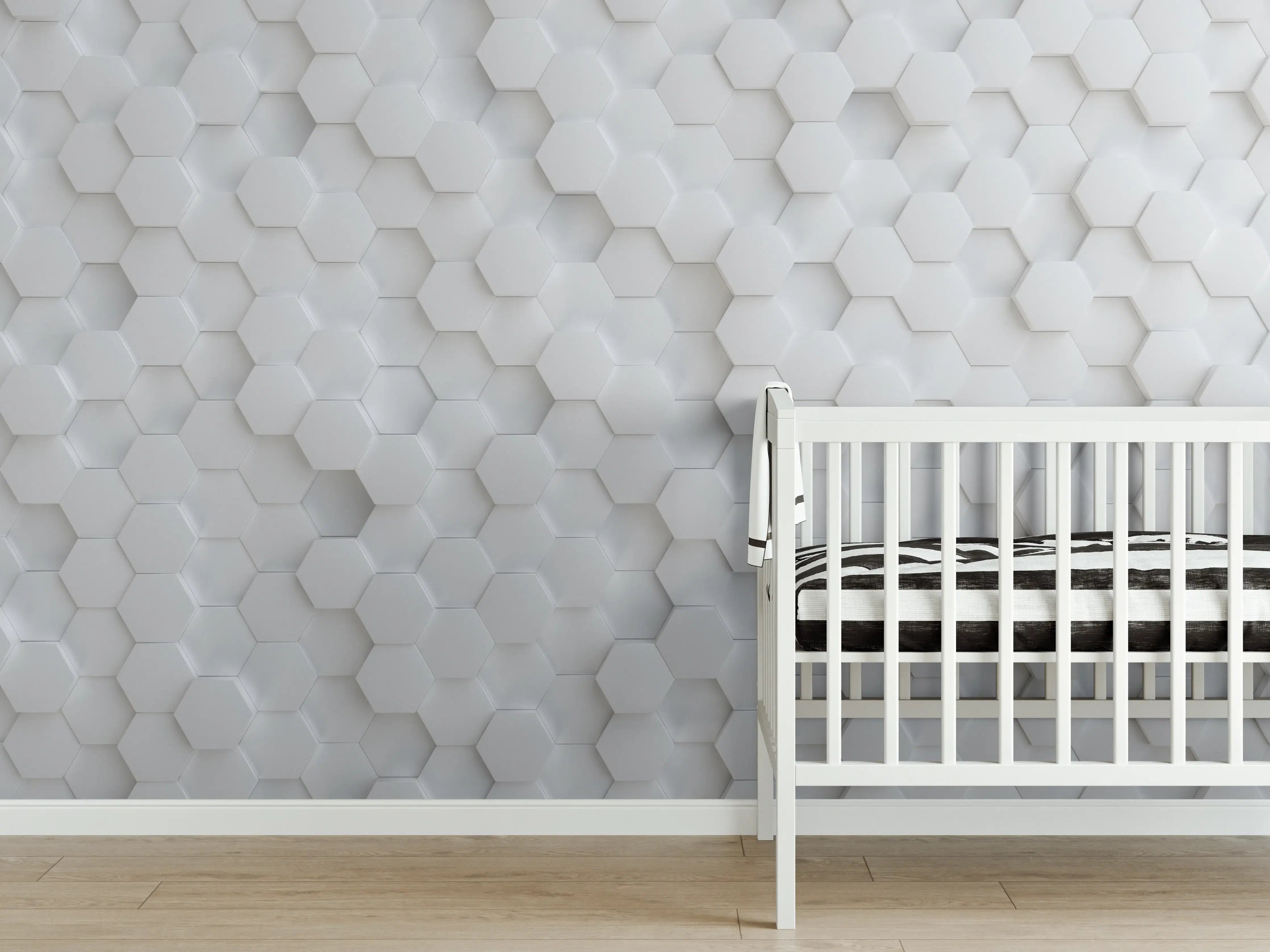 Babyzimmer Wandgestaltung - Weiße 3D-Hexagon Wandgestaltung mit Struktur