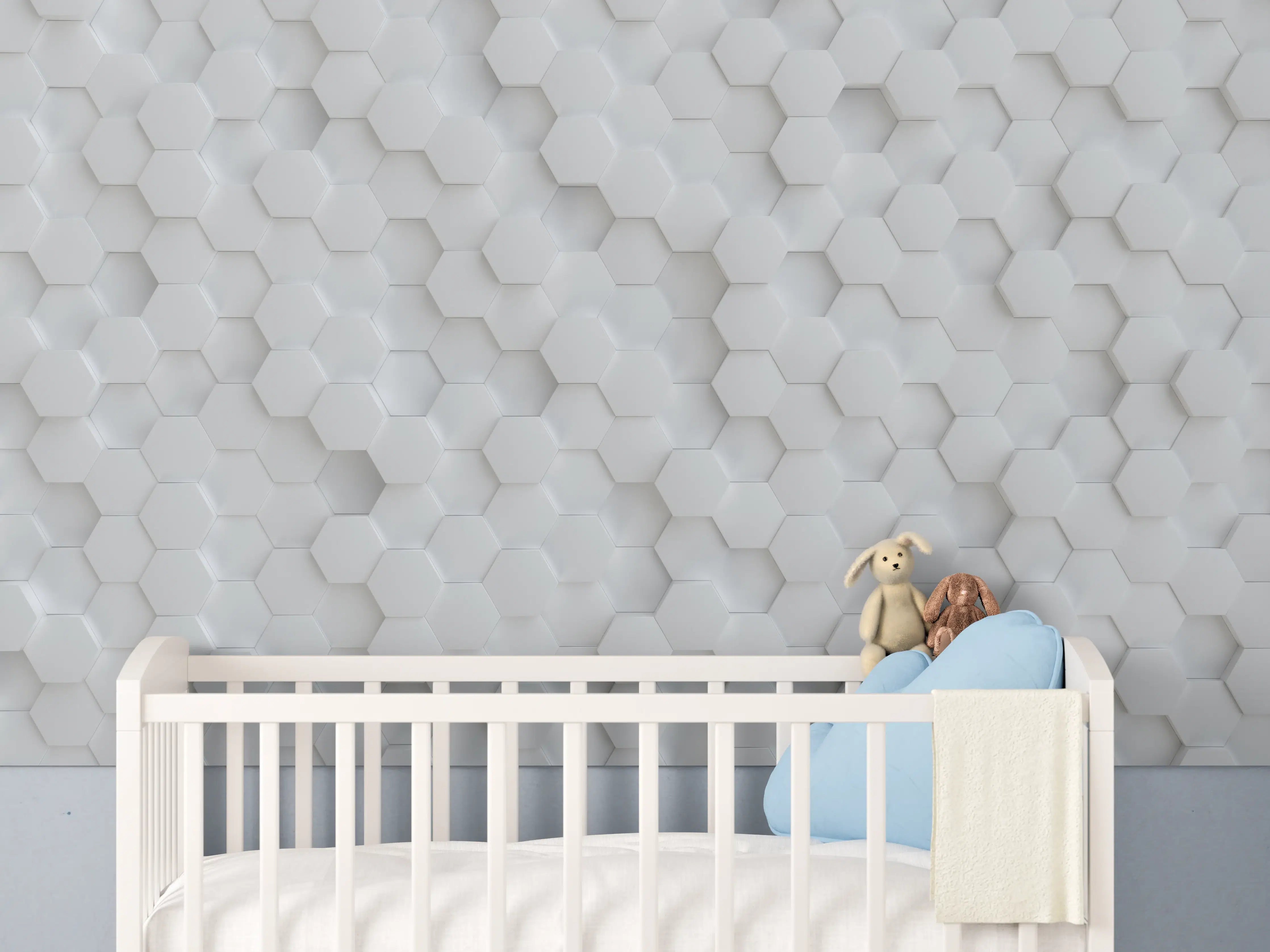Babyzimmer Wandgestaltung - Weiße 3D-Hexagon Wandgestaltung mit Struktur